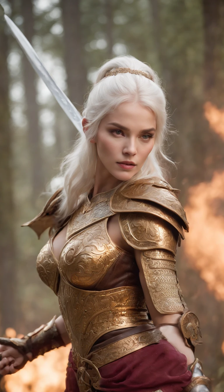 Vivid colors, detailed armor, engraved metallic armor, intricate designs on the armor, intricate armor engravings, imposing and powerful stance, fierce , flowing pixie white hair, dynamic pose, intense battle scene, fantasy setting, vibrant colors, dramatic lighting, epic atmosphere, mythical creatures in the background, magical effects surrounding the sword, attention to anatomy and facial features, iconic use of highlights and shadows, capturing emotion, masterful composition, portraying strong female characters.