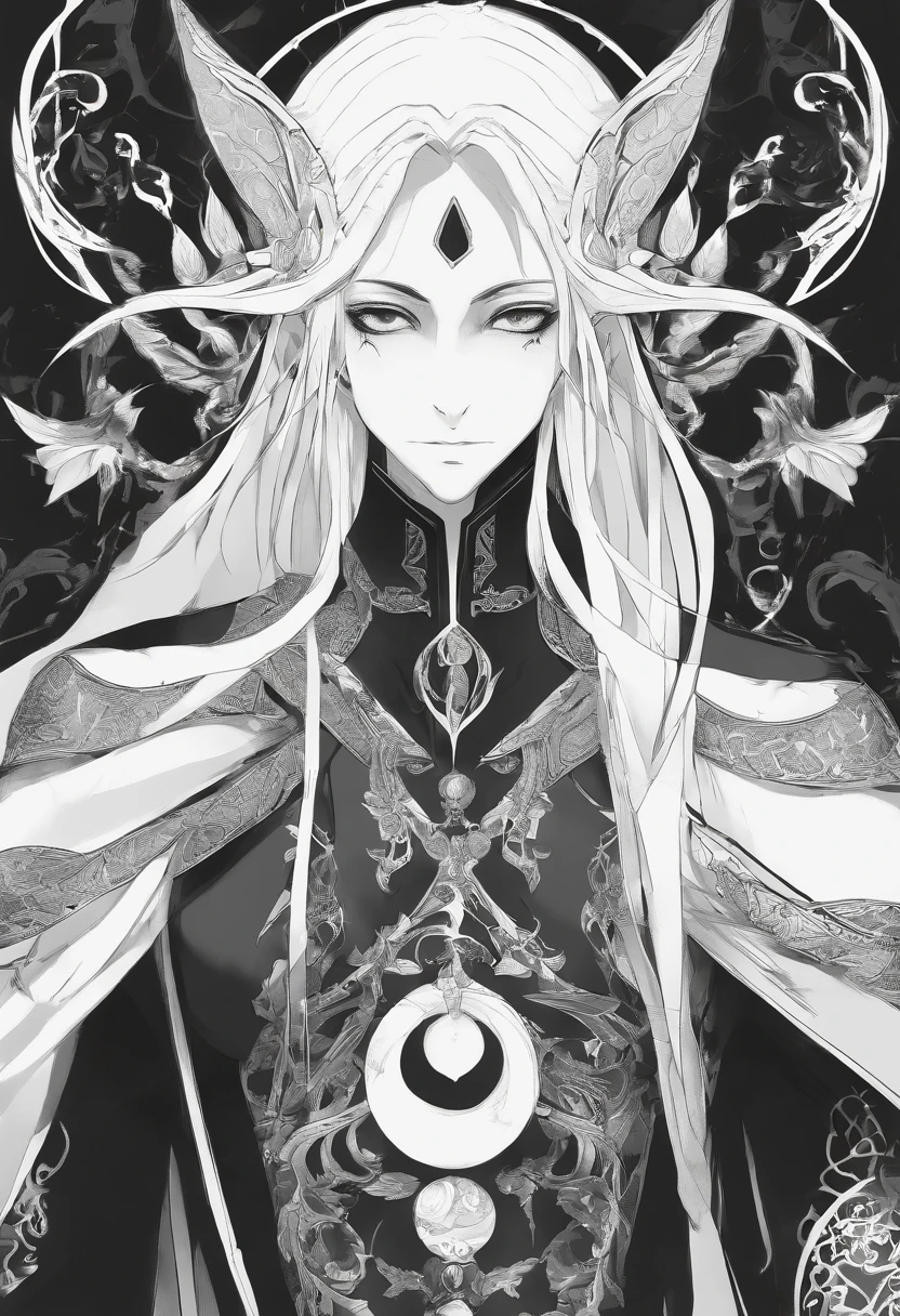 (Drow elf male) A drow elf looking shocked, Blindfold over eyes, floating eyeball over head, magical, gothic clothing, black and white style, manga style, long black hair, pointed ears, cultish