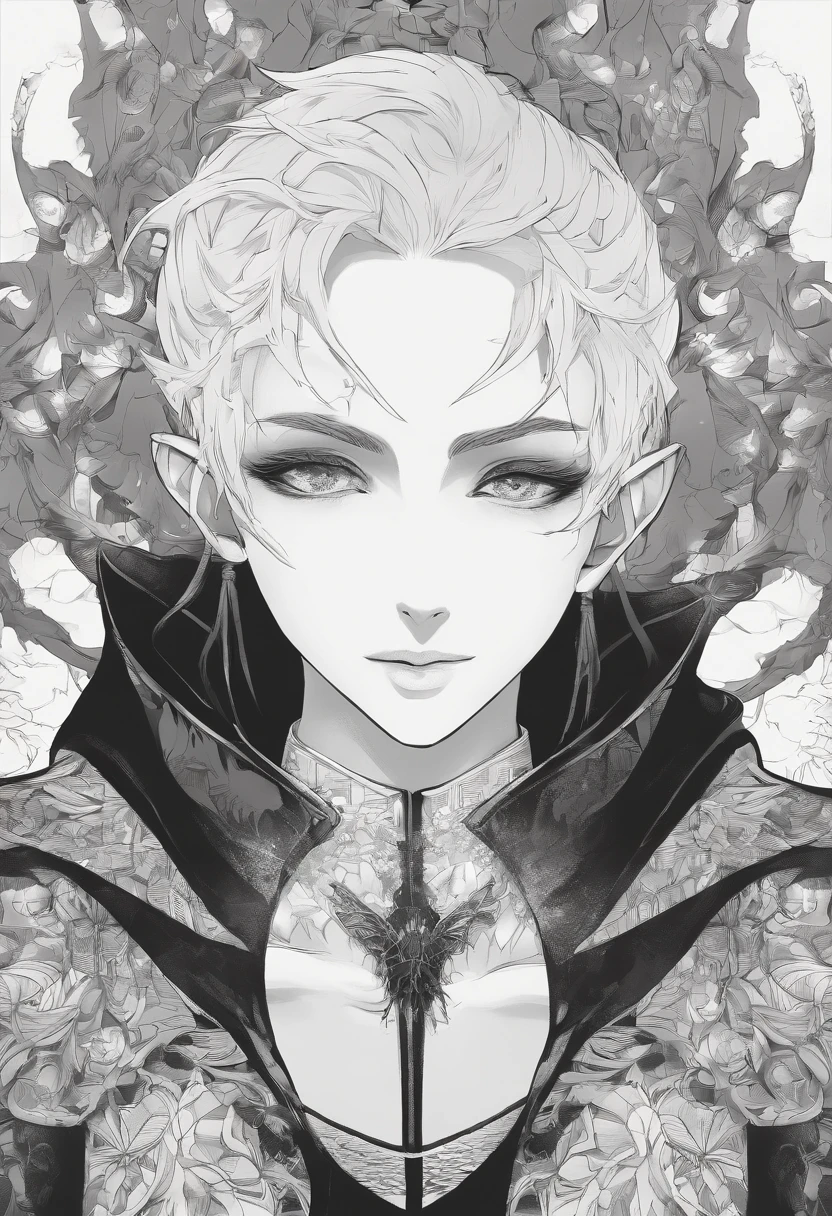 (Drow elf male) A drow elf looking shocked, Blindfold over eyes, floating eyeball over head, magical, gothic clothing, black and white style, manga style, long black hair, pointed ears, cultish