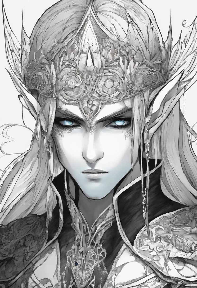 (Drow elf male) A drow elf looking shocked, Blindfold over eyes, floating eyeball over head, magical, gothic clothing, black and white style, manga style, long black hair, pointed ears, cultish