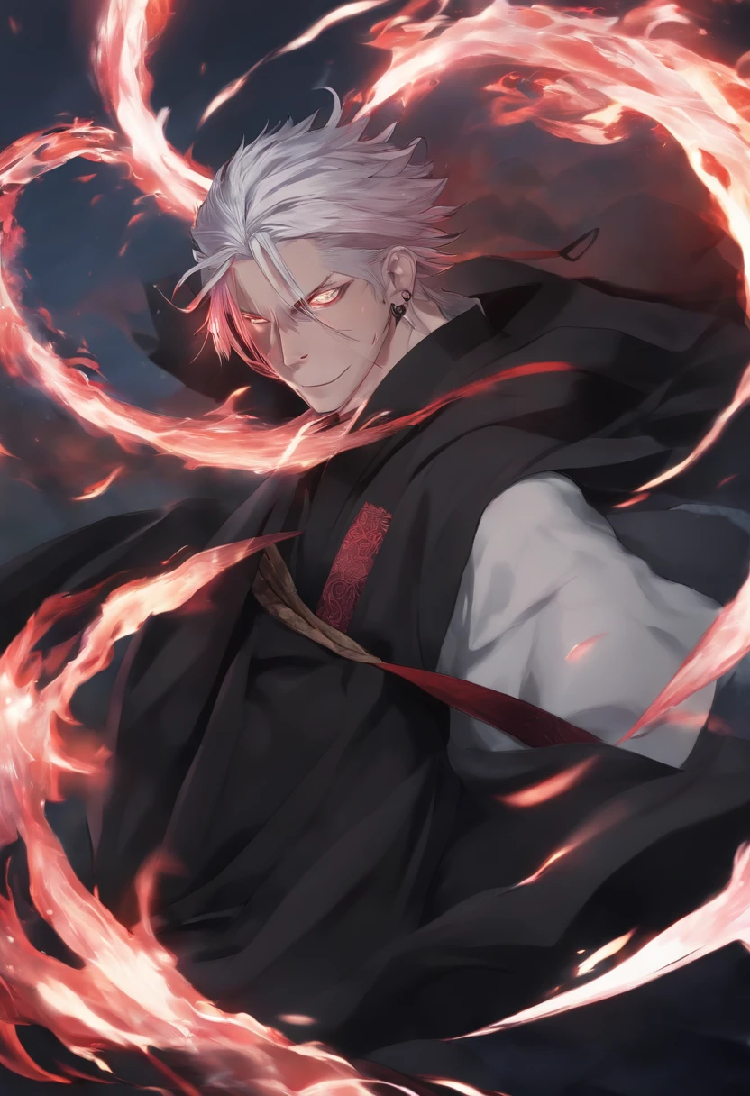 (masterpiece, best quality:1.2), sukuna from jujutsu kaisen,tattoo on his face,tattoo ryouman,evil smile,red eye pupil,full body, pink hair,using white kimono, wearing black scarf, anime art style, holding blue and black fire, fire effect, dark vibes, vibrant, anime, dark fantasy,