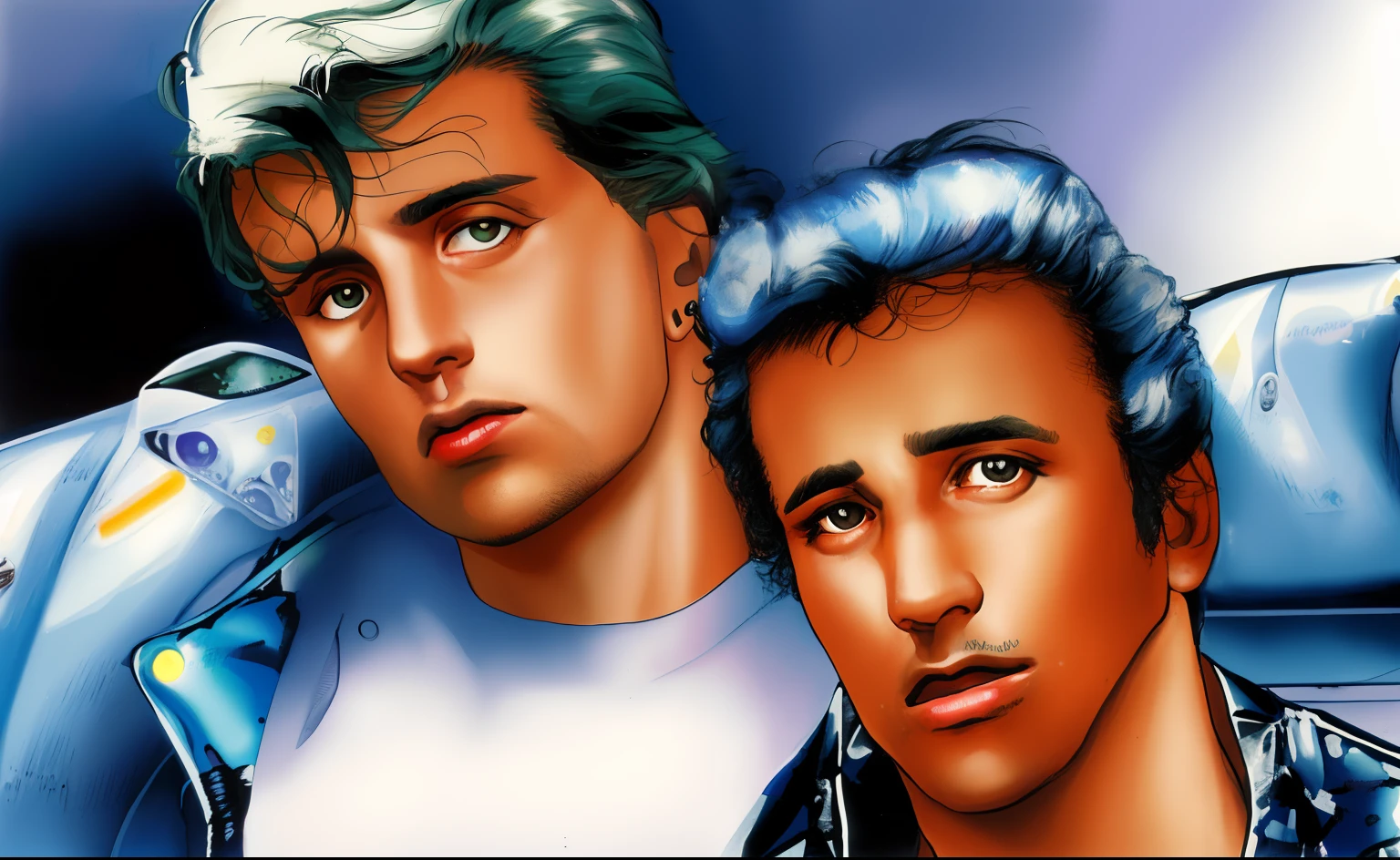 A black and white picture, there are two men that are posing for a picture together, adriano celentano as terminator, 8 0 s movie still, till lindemann, lost boys, biopic, 8 0 ’ s portrait, two handsome men, 8 0 s movie, promo image, 8 0 s film, sylvester stallone, gay, classic 8 0 s flick ), great likeness