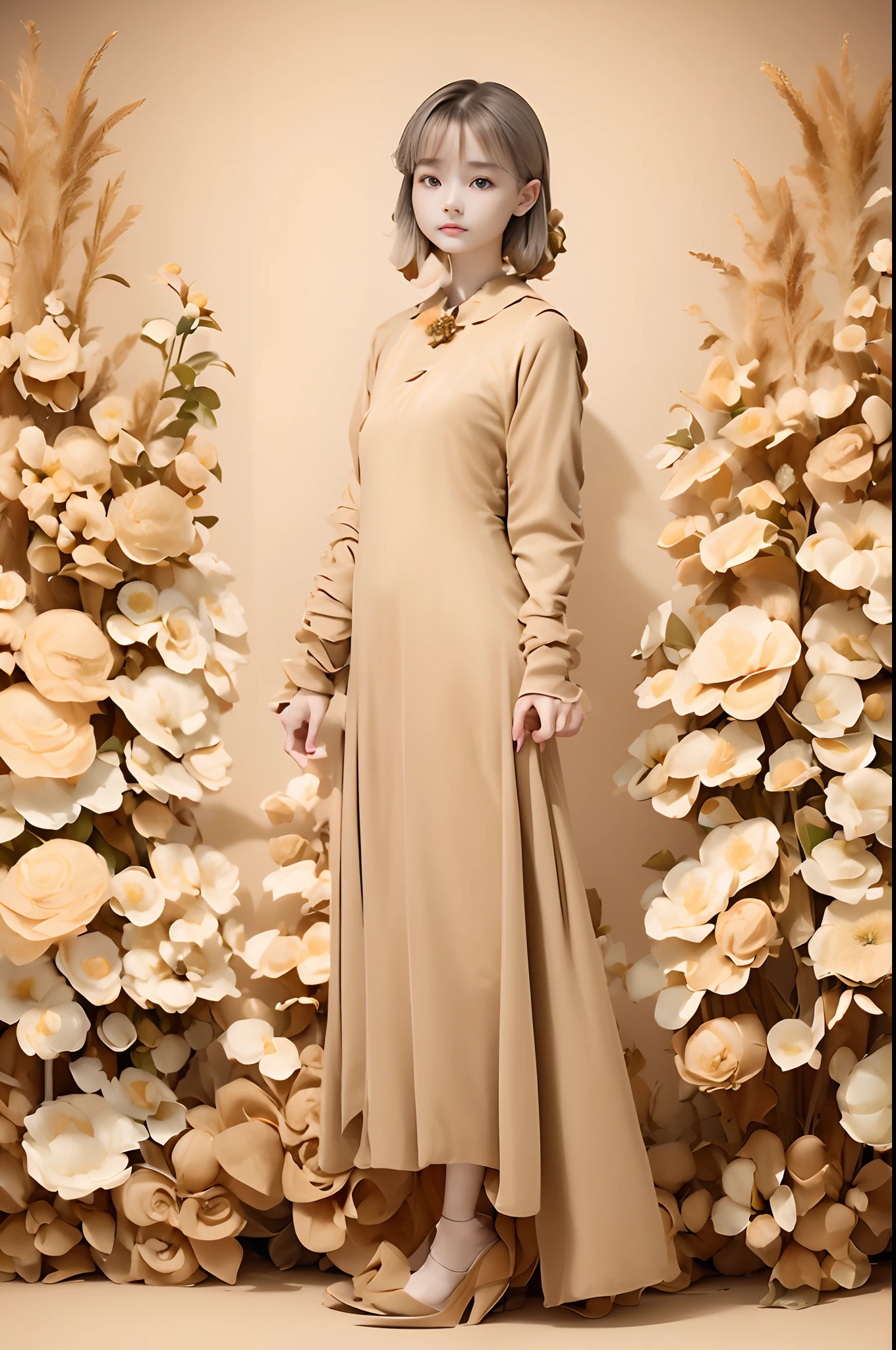 (((Beige flower garden background:1.3)))、Best Quality, masutepiece, High resolution, (((1girl in))), sixteen years old,(((Eyes are gray:1.3)))、Beige dress、((Beige shirt:1.3、Beige Color Block Dress)), Tindall Effect, Realistic, Shadow Studio,Ultramarine Lighting, dual-tone lighting, (High Detail Skins: 1.2)、Pale colored lighting、Dark lighting、 Digital SLR, Photo, High resolution, 4K, 8K, Background blur,Fade out beautifully、Beige World