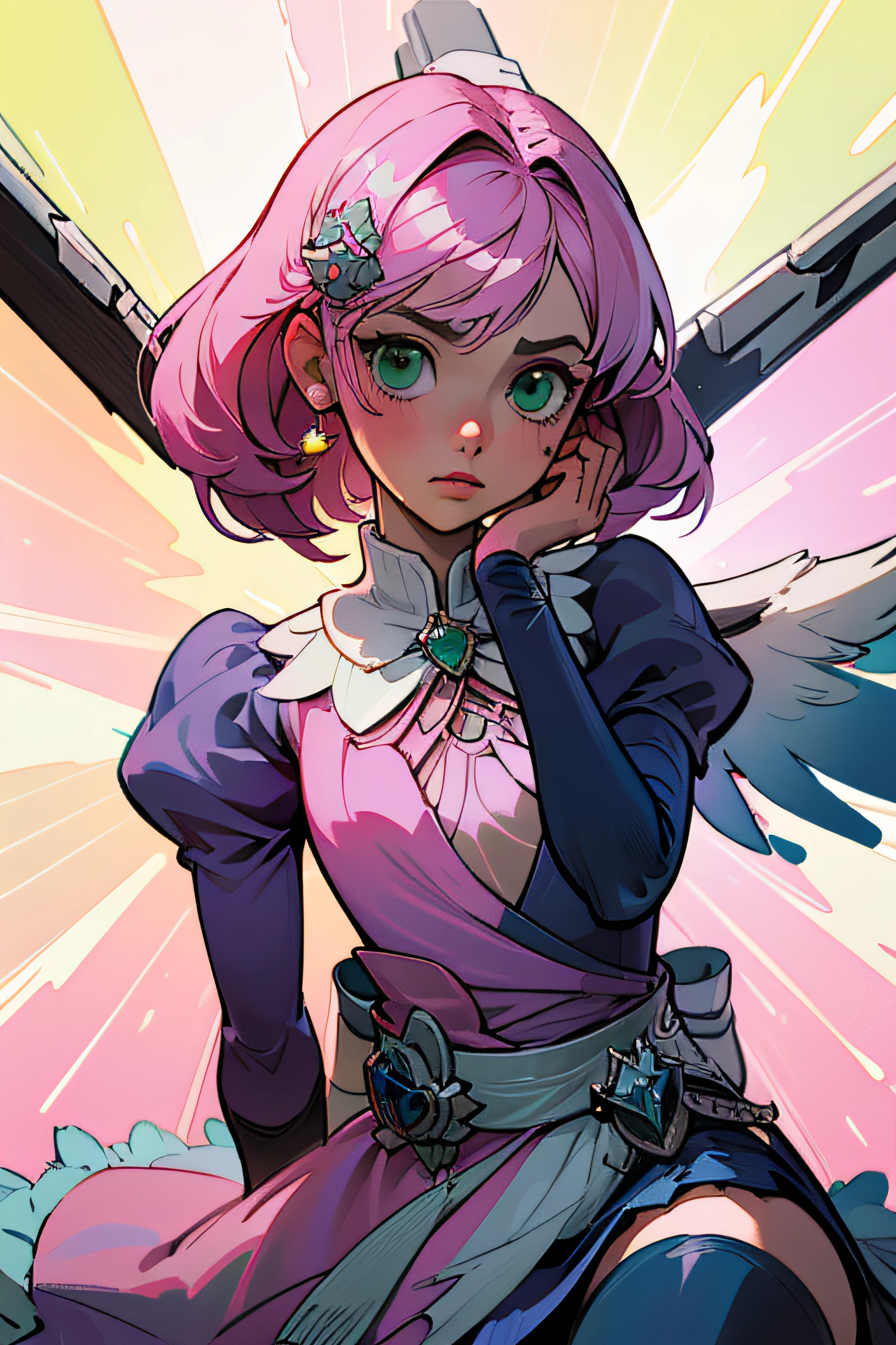 Alisa bosconovitch, melhor qualidade, contemporary, estilo plano, minimalismo, Green Eyes Flat Illustration, cabelo rosa, cabelo curto, cabelos multicoloridos, Camisa Preta, mechanical wings, Head Portrait Close-U, peito pontudo, decote, super decote, middlebreasts, Tekken，cabelo rosa pastel, 1girl, em quimono, hand-painted，Desenho de linha sem cor, colorida do yandere pastel, Tekken, [Detailed illustrations, Arte baseada em anatomia extremamente ideal, desenhos muito detalhados e detalhados, delicate lines with slowness and urgency, Realistic texture expression],(((Linhas principais coloridas)),(Obras de arte com excelente artesanato),(fundo do parque),[HENTAI anime Menina japonesa bonita 14 anos de idade Skinny] cabelo rosa claro, com roupa de empregada，figura esbelta，robusto，He sat on the floor，Vestido com roupas de empregada rosa e branco，cabelos muito curtos，com orelhas de gato，quadratic element，, kawaii cor-de-rosa na roupa da era de 1910, Alisa Bosconovich pink lips, no estilo da paleta de cores suave aurorapunk, an anime illustration of his face, gifs animados, hand drawn animation, charming sketches, suave e brilhante, romantismo nebuloso, Estilo Superflat, fundo branco - ar 1:1 - niji 5 - estilo expressivo --s 50