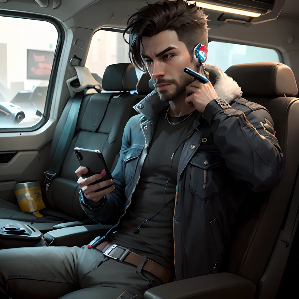 Personagem masculino, Action Games Style, usando fones de ouvido, with a cell phone in hand