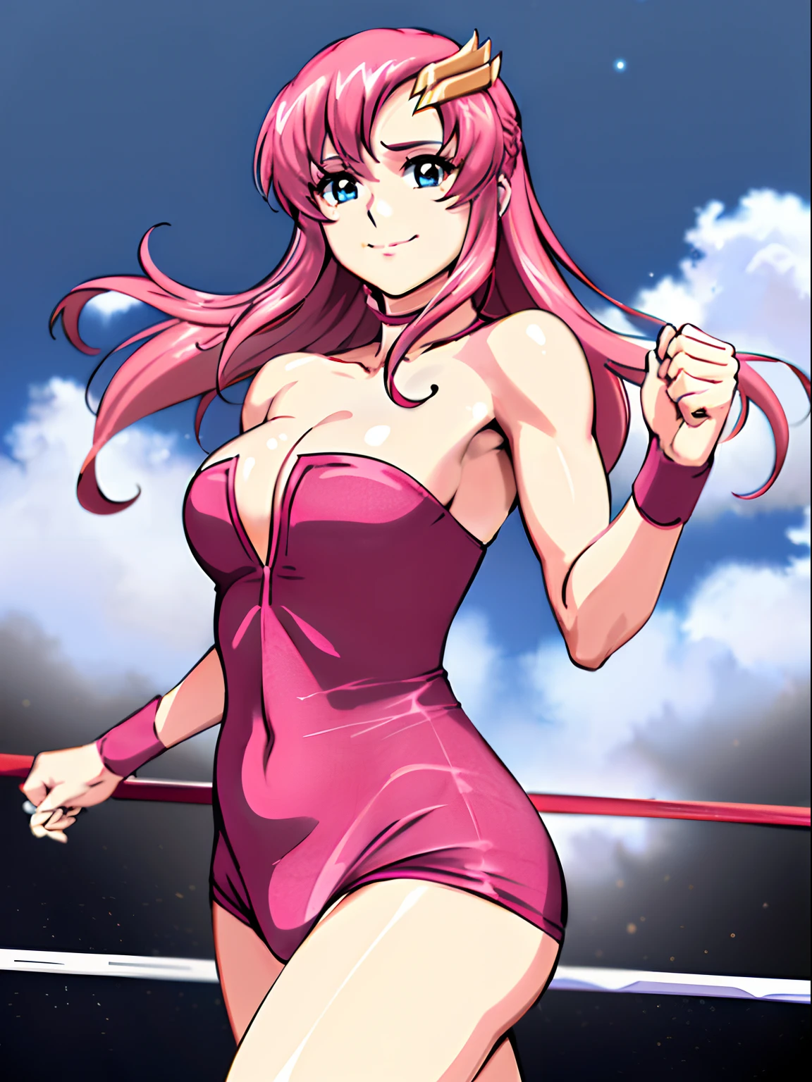 (((pink strapless wrestling outfit))), (masterpiece, , 4K, Best Quality, Anime style: 1.9,, Adult Woman, ultra detailed face, (cloud background, wrestling), Drawing lines, high resolution, Anime, lacus4), 1girl, Solo, curvy figure, Long hair, 鎖骨, scapular, (Detailed wide hair bangs, Hair Ornament, Detailed reddish-pink hair, golden crest), cleavage, large hands, (pro female wrestler). (Big blue eyes, shiny eyes), ((female wrestler, little biceps, slender body, broad shoulders, closed fists, closed mouth)), ((perfect proportions, medium breasts, cleavage, long belly)), (((revealing pink wrestling outfit))),( looking at the viewer, confident, smile),