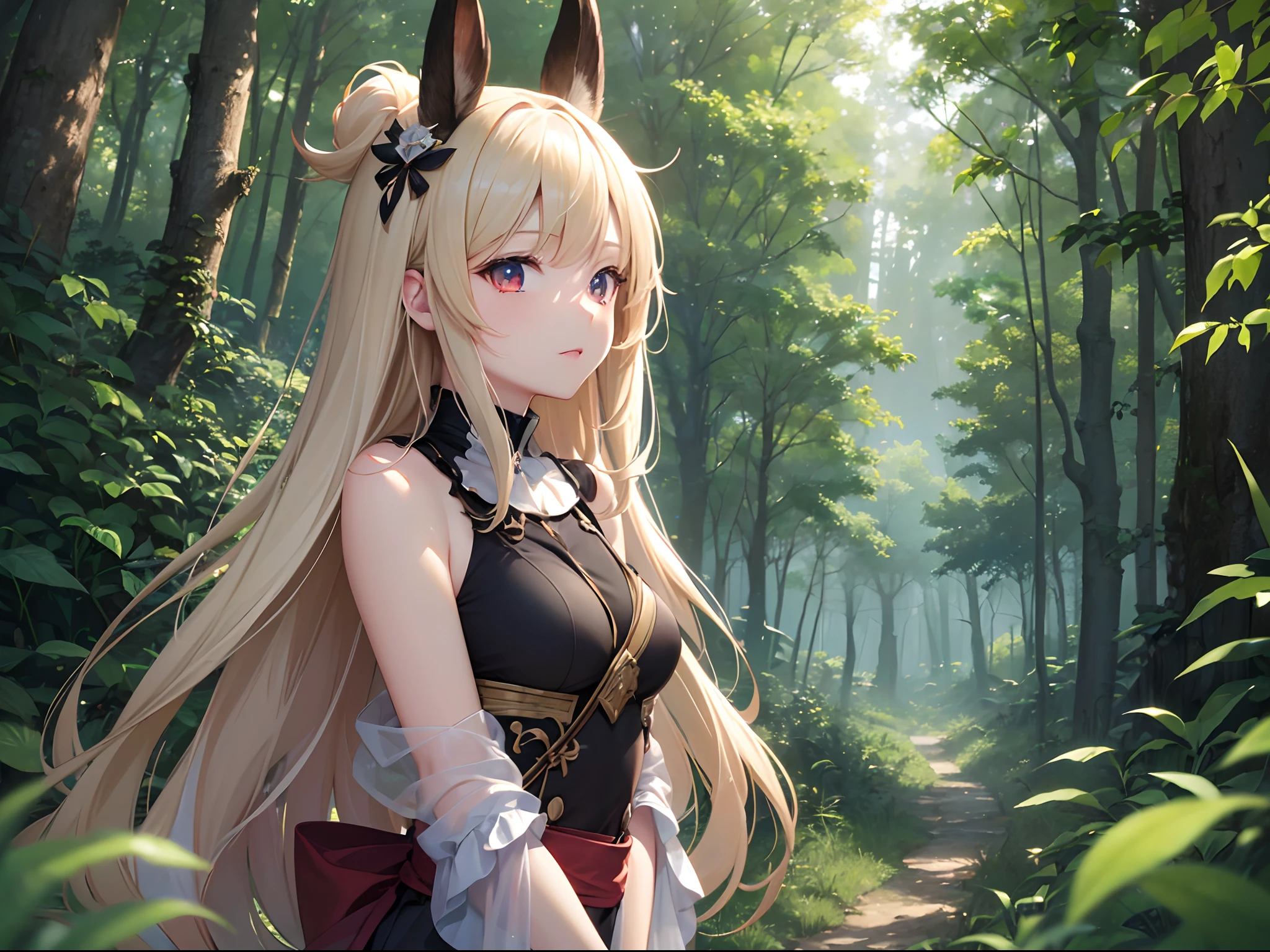 ((Finest quality)),(超A high resolution),(ultra-detailliert),((Best Anime)),sharpnes,Clair,Art with astounding depictions,In the dense forest:1.4, (1 Amazones:1.3),