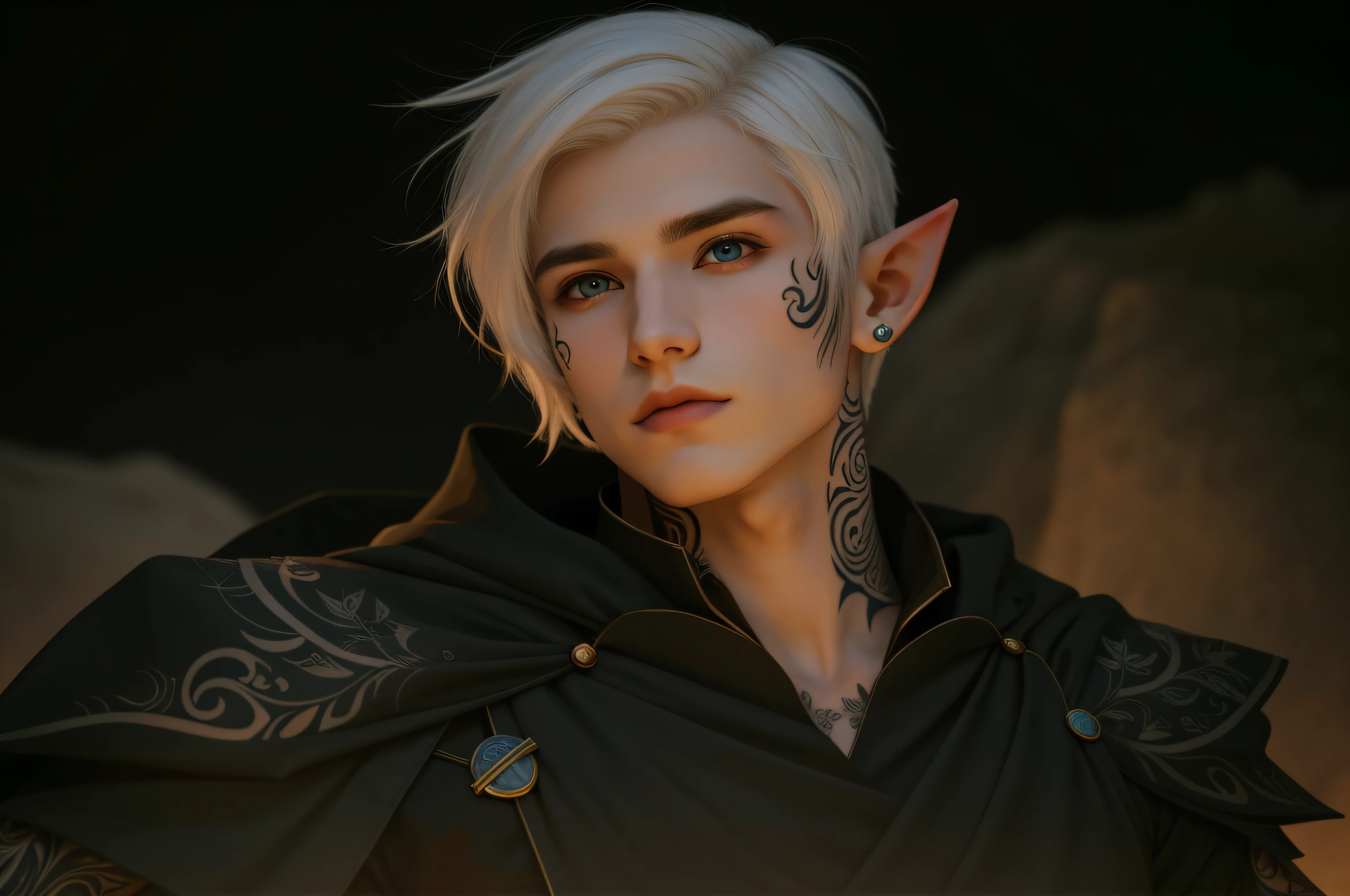 a young male elf noble with very short white hair with a tattoo on the left side of his face
