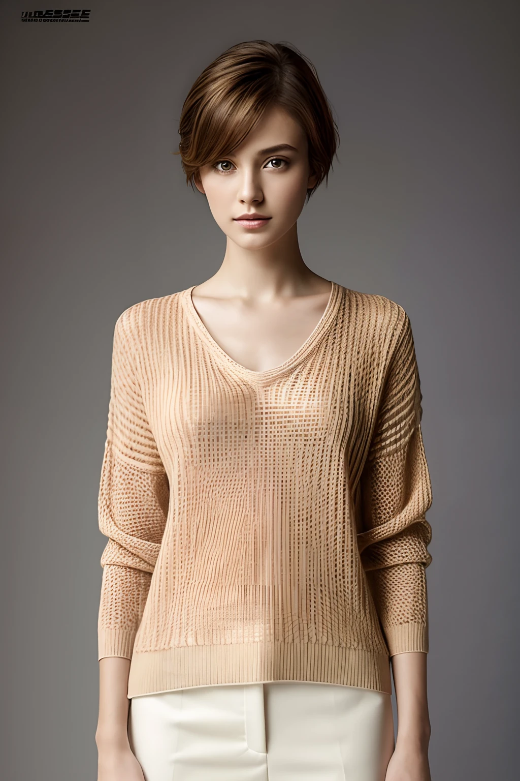 masutepiece, Photorealsitic, Best Quality, intricate and delicate, 8k wallpaper, top-quality, masterpiece, realisitic, ultra-detailliert, 1girl in, Sheer knitted V-neck sweater, short-hair, bobhair, straight haired, Look at viewers