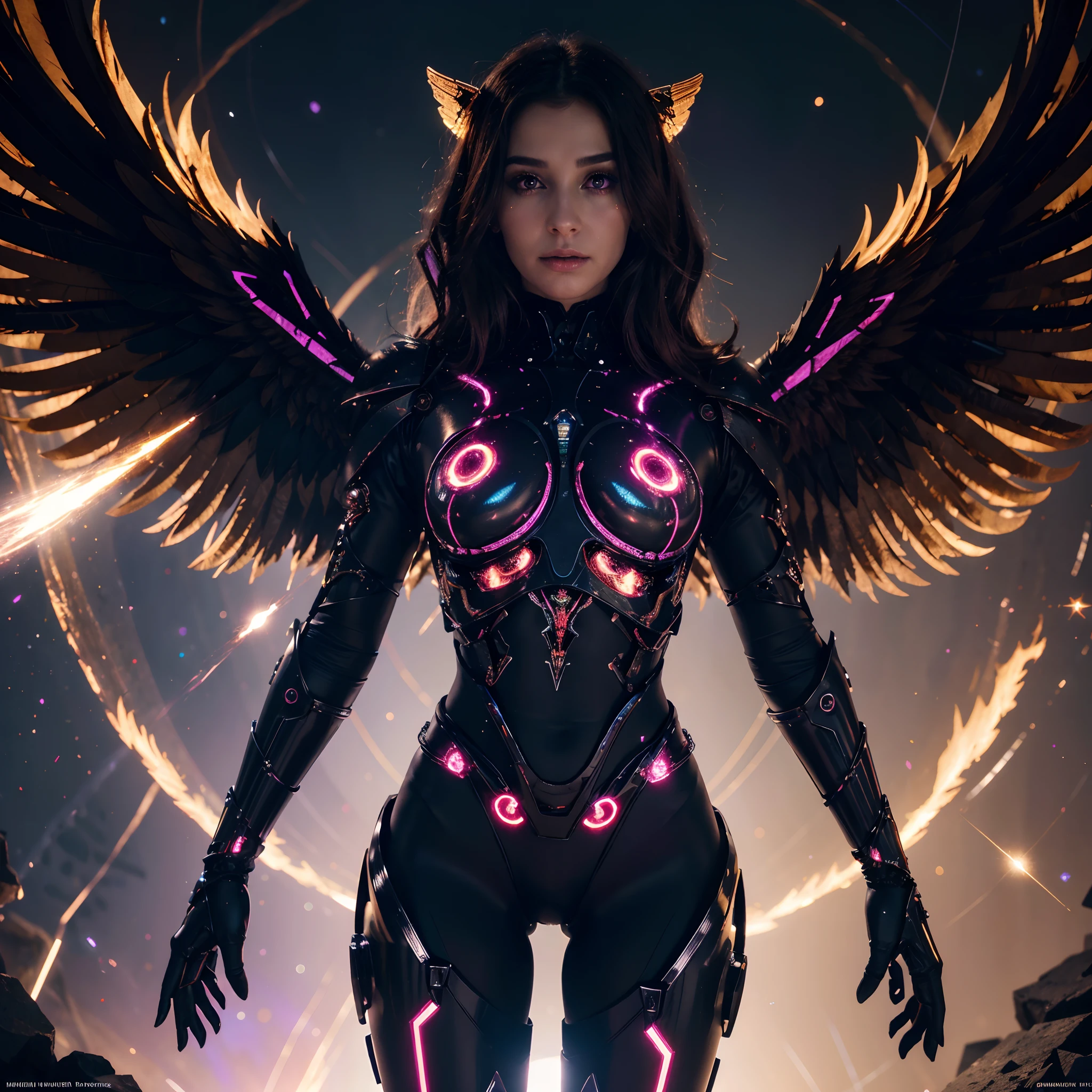 Cosmic fallen angel, Des yeux clairs brillants, Biomechanical, odd, flippant, cauchemardesque, Very bright colors, Light particles, with bright light, Mshiff, Art du papier peint, UHD wallpaper