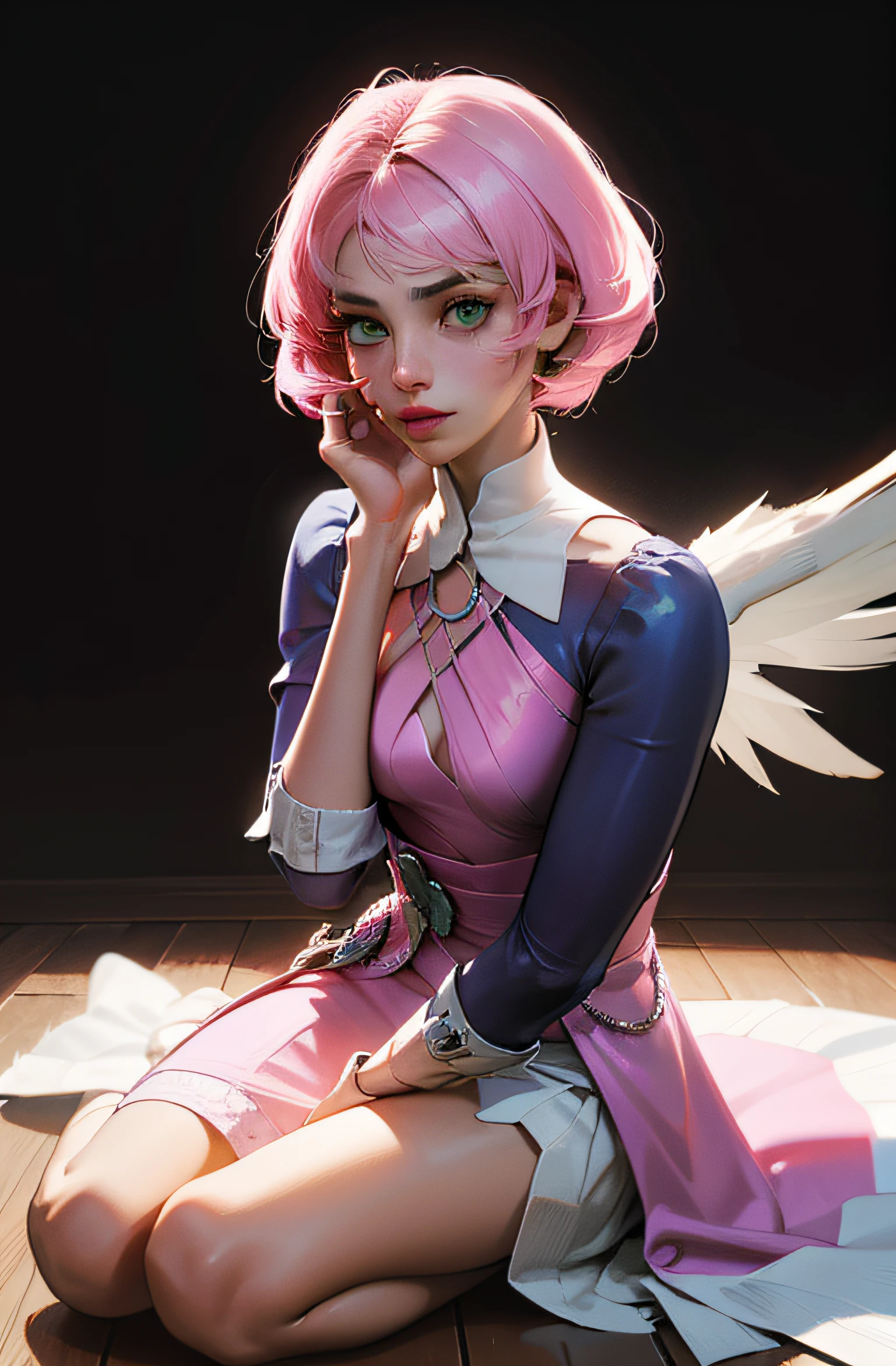 Alisa bosconovitch, melhor qualidade, contemporary, estilo plano, minimalismo, Green Eyes Flat Illustration, cabelo rosa, cabelo curto, cabelos multicoloridos, Camisa Preta, mechanical wings, Head Portrait Close-U, peito pontudo, decote, super decote, middlebreasts, Tekken，cabelo rosa pastel, 1girl, em quimono, hand-painted，Desenho de linha sem cor, colorida do yandere pastel, Tekken, [Detailed illustrations, Arte baseada em anatomia extremamente ideal, desenhos muito detalhados e detalhados, delicate lines with slowness and urgency, Realistic texture expression],(((Linhas principais coloridas)),(Obras de arte com excelente artesanato),(fundo do parque),[HENTAI anime Menina japonesa bonita 14 anos de idade Skinny] cabelo rosa claro, com roupa de empregada，figura esbelta，robusto，He sat on the floor，Vestido com roupas de empregada rosa e branco，cabelos muito curtos，com orelhas de gato，quadratic element，, kawaii cor-de-rosa na roupa da era de 1910, Alisa Bosconovich pink lips, no estilo da paleta de cores suave aurorapunk, an anime illustration of his face, gifs animados, hand drawn animation, charming sketches, suave e brilhante, romantismo nebuloso, Estilo Superflat, fundo branco - ar 1:1 - niji 5 - estilo expressivo --s 50