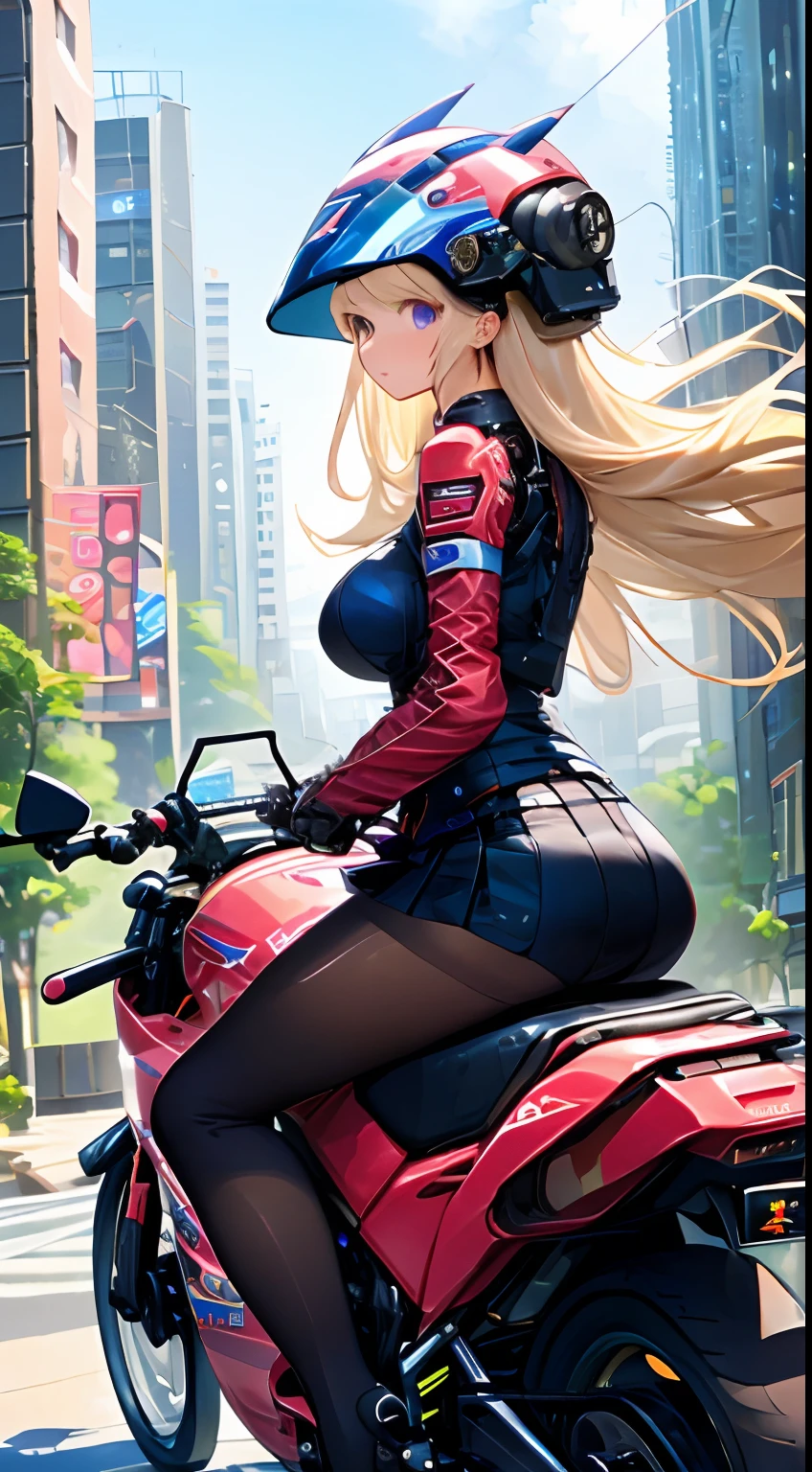 Highest image quality，Outstanding details，Ultra-high resolution，The best illustration，Favor the details，He has a delicate and beautiful face，wearing a mech helmet，Hold the direction controller，Riding on a motorcycle，The background is a high-tech lighting scene in the future city。Superskirt，Lace，pantiess，camisole，Pouting ass，lacepantyhose，Blowing in the wind，huge tit，cleavage，Body lying down，