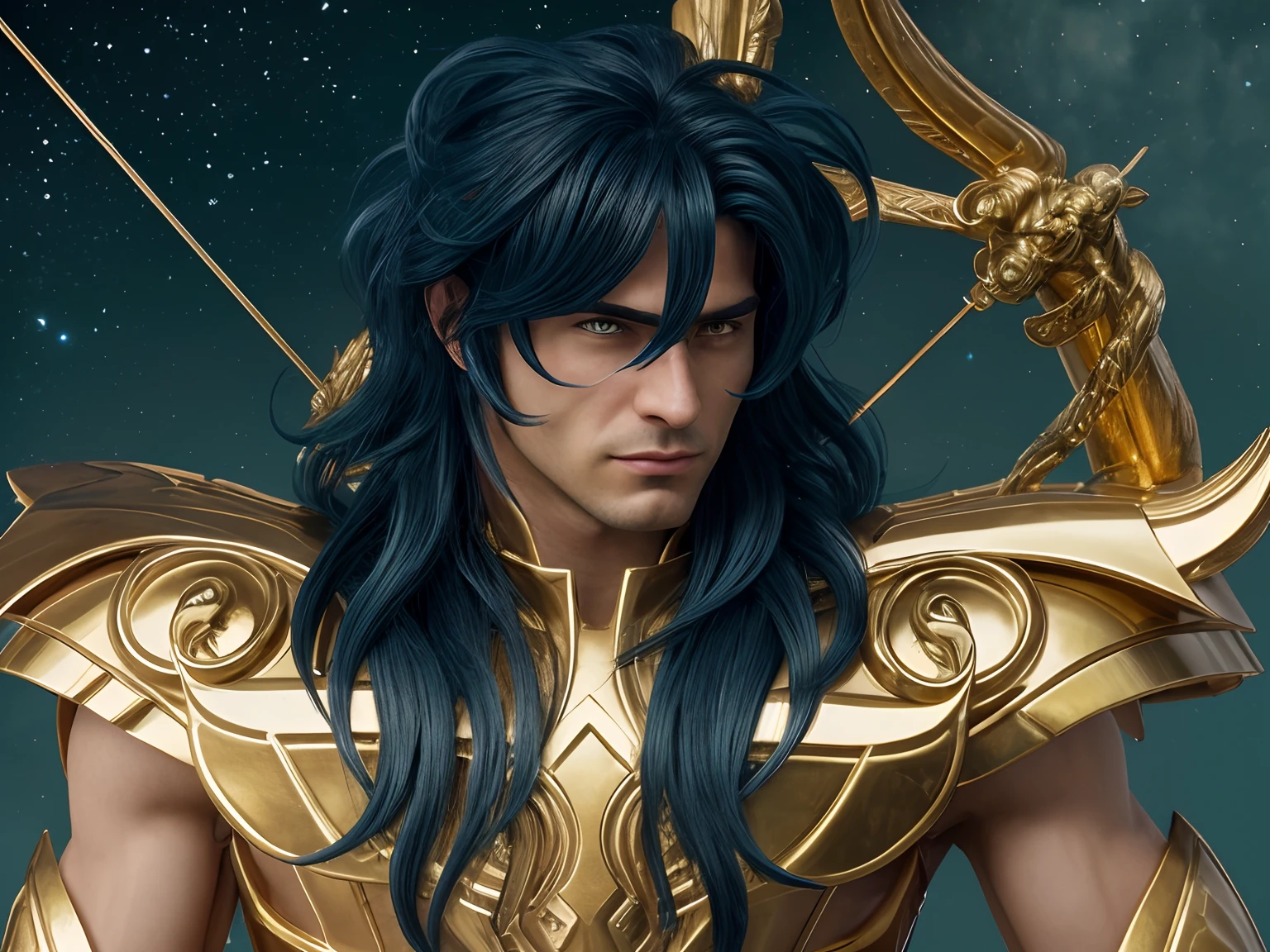 Cinematic stunningly detailed and ultra-realistic Milo Scorpio of Saint Seiya. Close up. Half-body. He is wearing a medieval armor, (full golden armor), shoulder armor, near starry Skye background, (detailed armor, high quality), (ornate armor), Octane is the perfect tool to capture the softest details of this 16k photography masterpiece. He is a handsome caucasian man about 30 years old. 1boy. greek. Beautiful face. Detailed face. Beautiful nose. ((Pretty big eyes)). Perfect eyes. Defined eyes. ((Shaved)). ((Smaller nose)) He has long ((blue)) hair. Messy hair. Bands. Slightly smile. He is staring his enemy. (detailed armor, high quality), (hdr), (noble), inspiring, film, cinematic lighting, goldentech. No strabic.