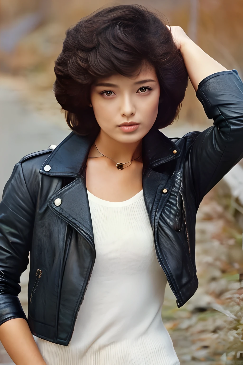 a woman in a worn leather jacket posing for a picture, 70's japanese idol, style of Kishin Shinoyama, with curly short hair