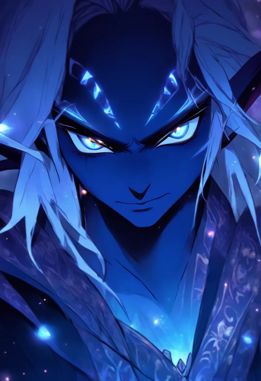 (Drow elf male) A drow elf, Blindfold over eyes, floating eyeball over head, magical, gothic clothing, black and white style, long black hair, pointed ears, cultish, floating eyes, moon imagery, moon, moon engravings, Blindfold