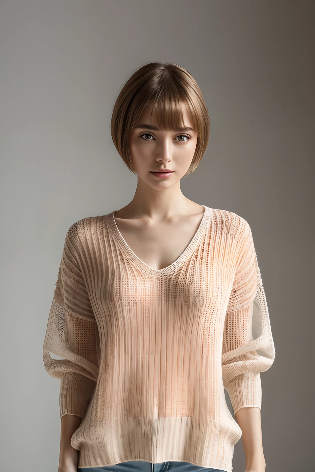 masutepiece, Photorealsitic, Best Quality, intricate and delicate, 8k wallpaper, top-quality, masterpiece, realisitic, ultra-detailliert, 1girl in, Sheer knitted V-neck sweater, short-hair, bobhair, straight haired, Look at viewers