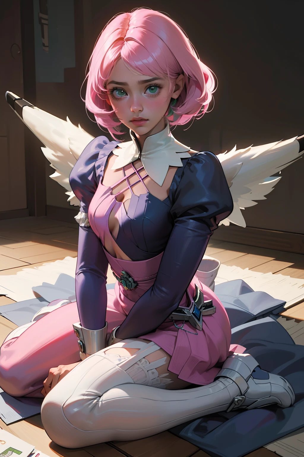 Alisa bosconovitch, melhor qualidade, contemporary, estilo plano, minimalismo, Green Eyes Flat Illustration, cabelo rosa, cabelo curto, cabelos multicoloridos, Camisa Preta, mechanical wings, Head Portrait Close-U, peito pontudo, decote, super decote, middlebreasts, Tekken，cabelo rosa pastel, 1girl, em quimono, hand-painted，Desenho de linha sem cor, colorida do yandere pastel, Tekken, [Detailed illustrations, Arte baseada em anatomia extremamente ideal, desenhos muito detalhados e detalhados, delicate lines with slowness and urgency, Realistic texture expression],(((Linhas principais coloridas)),(Obras de arte com excelente artesanato),(fundo do parque),[HENTAI anime  japonesa bonita 14 anoade Skinny] cabelo rosa claro, com roupa de empregada，figura esbelta，robusto，He sat on the floor，Vestido com roupas de empregada rosa e branco，cabelos muito curtos，com orelhas de gato，quadratic element，, kawaii cor-de-rosa na roupa da era de 1910, Alisa Bosconovich pink lips, no estilo da paleta de cores suave aurorapunk, an anime illustration of his face, gifs animados, hand drawn animation, charming sketches, suave e brilhante, romantismo nebuloso, Estilo Superflat, fundo branco - ar 1:1 - niji 5 - estilo expressivo --s 50