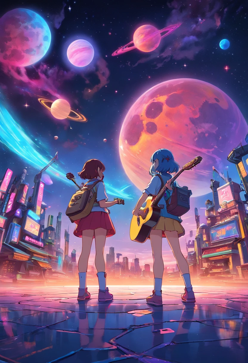 "Extremely precise image quality, Cyberpunk-inspired immersion, World of Neon Lights, Girl Strumming Guitar, Two girls standing back to back, Be mesmerized by the surreal sights of the planets that dominate the skies, Full of captivating digital artistry."