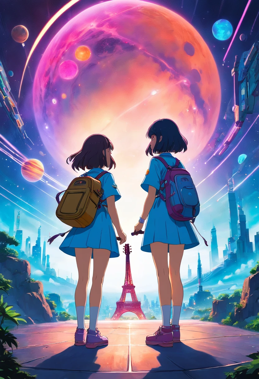 "Extremely precise image quality, Cyberpunk-inspired immersion, World of Neon Lights, Girl Strumming Guitar, Two girls standing back to back, Be mesmerized by the surreal sights of the planets that dominate the skies, Full of captivating digital artistry."