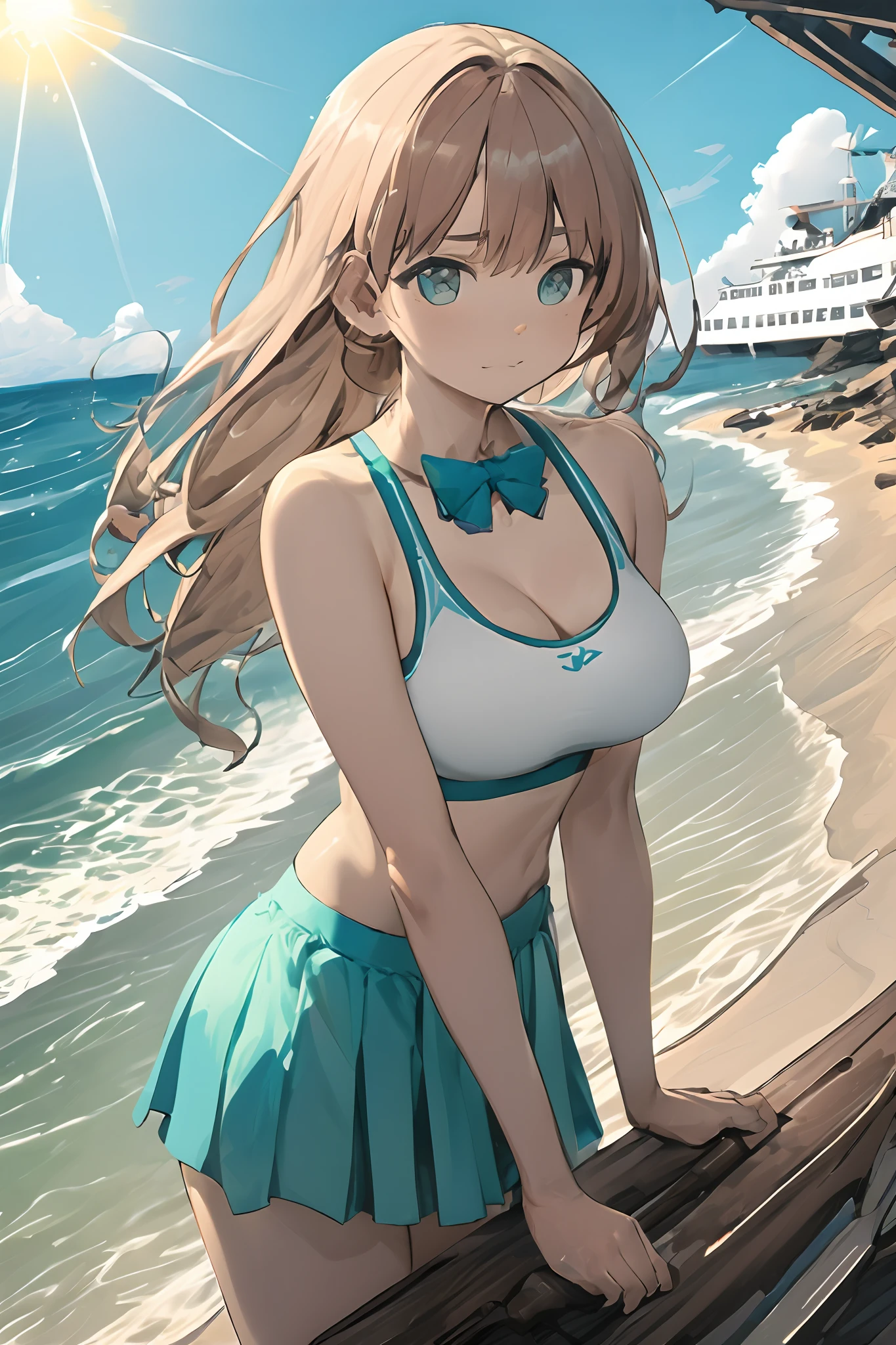 ,(tmasterpiece,Highest quality),Turquoise skirt,Sports bra,De La Bar ship,brunette color hair,Playing in the water,Pouting ass,camisole,stocklings,Lace,show off breasts,cleavage,Bow knot,tiese,sandbeach,比基尼,sea beach,hot with shining sun,
