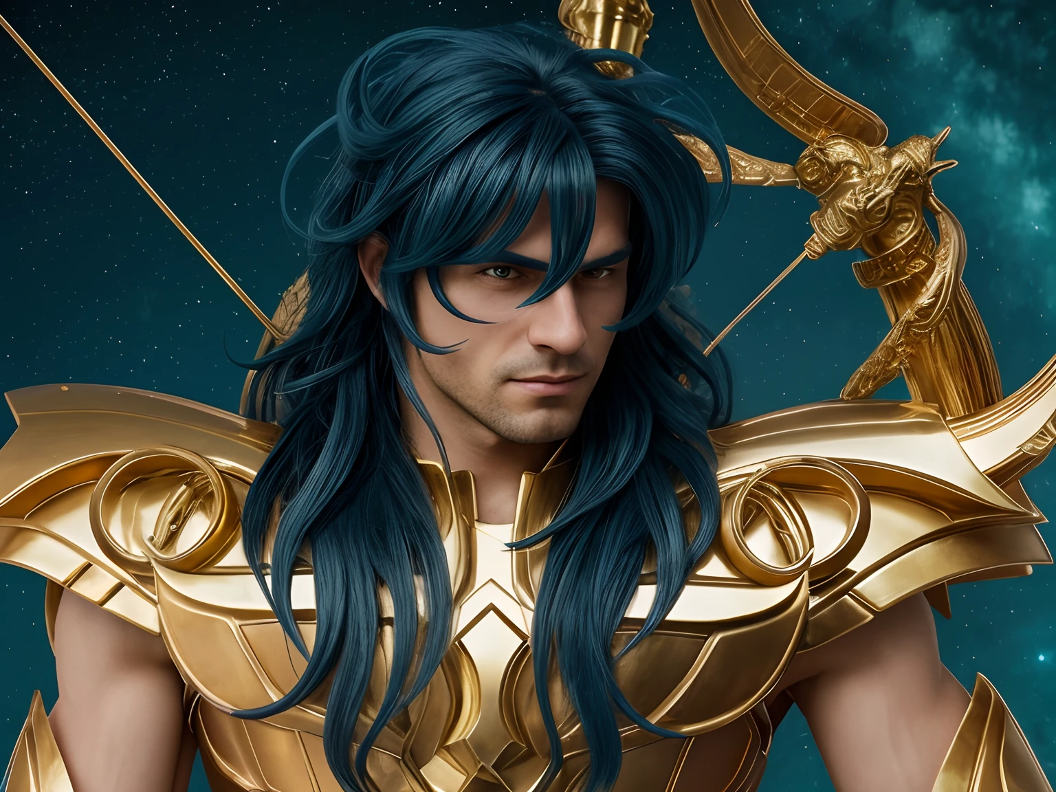 Cinematic stunningly detailed and ultra-realistic Milo Scorpio of Saint Seiya. Close up. Half-body. He is wearing a medieval armor, (full golden armor), shoulder armor, near starry Skye background, (detailed armor, high quality), (ornate armor), Octane is the perfect tool to capture the softest details of this 16k photography masterpiece. He is a handsome caucasian man about 30 years old. 1boy. greek. Beautiful face. Detailed face. Beautiful nose. ((Pretty big eyes)). Perfect eyes. Defined eyes. ((Shaved)). ((Smaller nose)) He has long ((blue)) hair. Messy hair. Bands. Slightly smile. He is staring his enemy. (detailed armor, high quality), (hdr), (noble), inspiring, film, cinematic lighting, goldentech. No strabic.