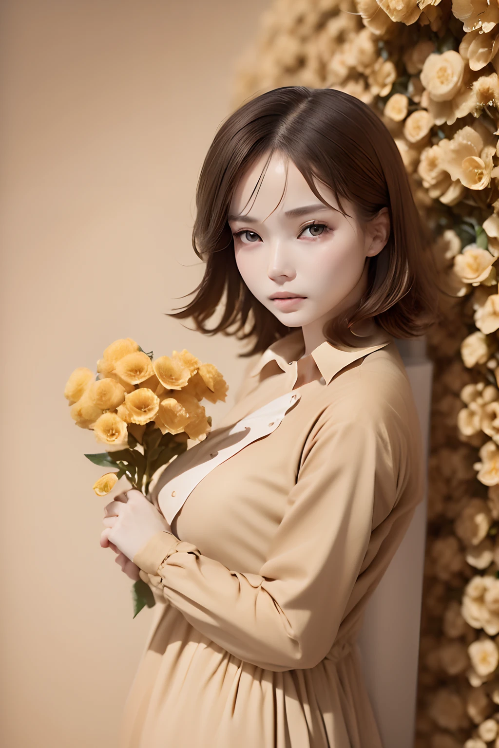 (((Beige flower garden background:1.3)))、Best Quality, masutepiece, High resolution, (((1girl in))), sixteen years old,(((Eyes are gray:1.3)))、Beige dress、((Beige shirt:1.3、Beige Color Block Dress)), Tindall Effect, Realistic, Shadow Studio,Ultramarine Lighting, dual-tone lighting, (High Detail Skins: 1.2)、Pale colored lighting、Dark lighting、 Digital SLR, Photo, High resolution, 4K, 8K, Cowboy Shot、Background blur,Fade out beautifully、Beige World