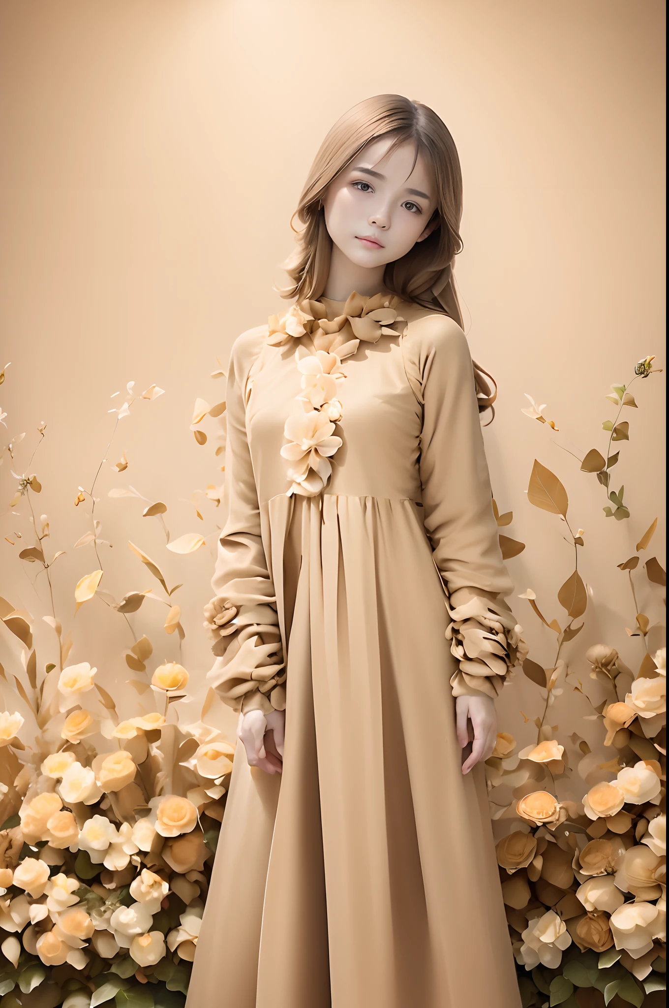 (((Beige flower garden background:1.3)))、Best Quality, masutepiece, High resolution, (((1girl in))), sixteen years old,(((Eyes are gray:1.3)))、Beige dress、((Beige shirt:1.3、Beige Color Block Dress)), Tindall Effect, Realistic, Shadow Studio,Ultramarine Lighting, dual-tone lighting, (High Detail Skins: 1.2)、Pale colored lighting、Dark lighting、 Digital SLR, Photo, High resolution, 4K, 8K, Background blur,Fade out beautifully、Beige World