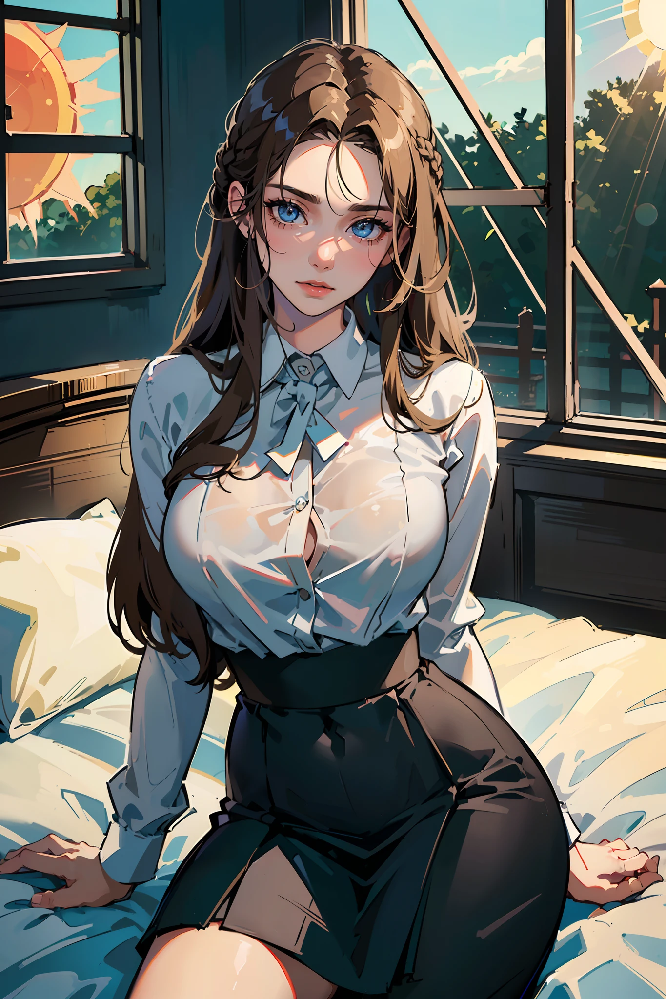 (The photo was taken in a bedroom, there is a window in the background and you can see the sun rays:2). The girl on focus, She is facing the camera. She in the bed, (you can see her sitting on the bed:1.3).
(She is wearing a white buttoned shirt:1.6), and you can see her cleavage, this photo is only focused on her, for roleplay porpuses, (she is also wearing a black skirt:1.3), revealing her curves, she has very wide hips, you can see her great shape, and you can see her beauty. (She has pornographic exposure:2), (she is beautiful:2), she has an evil smirk on her face.
The outfit is very tight, and she has a huge breasts, that are massive and insanely big.
(Her hair is brown:1.3), (and she has straight hair:2), or brown hair.
Her hands are perfect. The shadows in the photo are soft. The girl is illuminated perfectly. The rest of the photo is perfect with a very detailed background. This creates a sense of pleasure and intrigue. The colors are all vibrant and satisfying to look at. The face is very realistic, and she is very detailed as well, she is appealing to look at. The general mood of the photo is sensual and alluring. The girl is the center of attention of the photo, And its beauty is undeniable. The beautiful setting and dramatic colors create a sense of hypnosis and excitement. This photograph is a perfect example of professional cinematic photography. It is well lit, well-proportioned, And the theme is absolutely amazing. It is sure to attract the attention of anyone, Who will see it. You could put a ornaments in her hair. Whatever, As a result, the photo will be composed?, It is sure to be a stunning and memorable image.