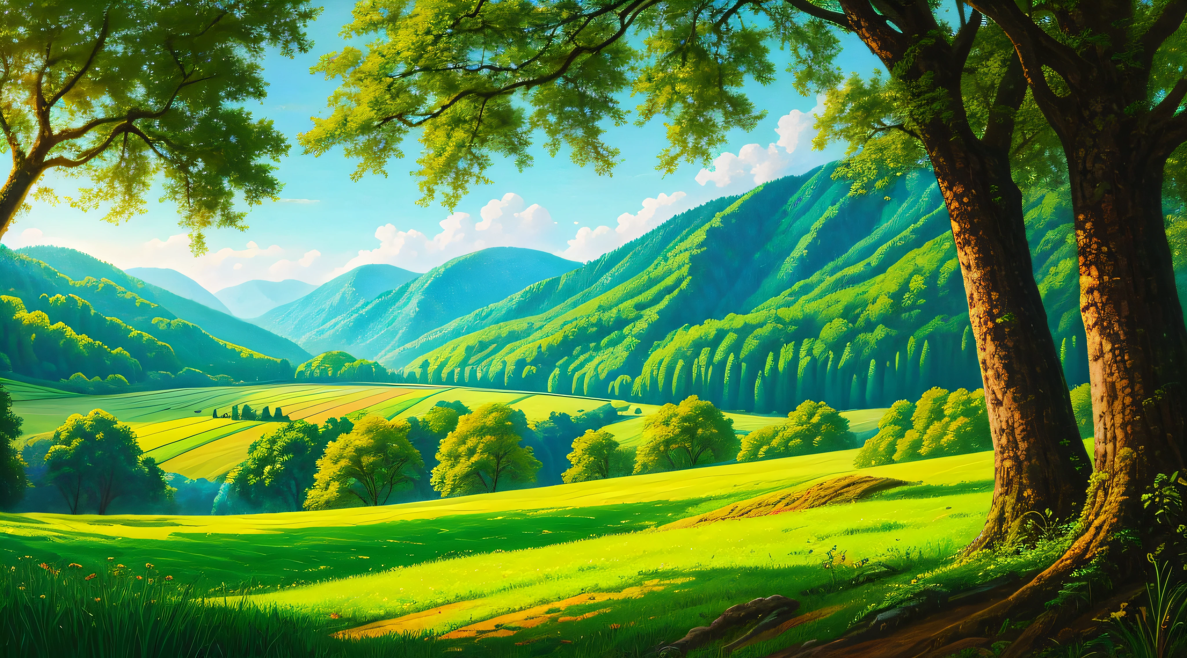 There is an oil painting,Lush trees,Green meadow,Composition a vibrant natural scene。
