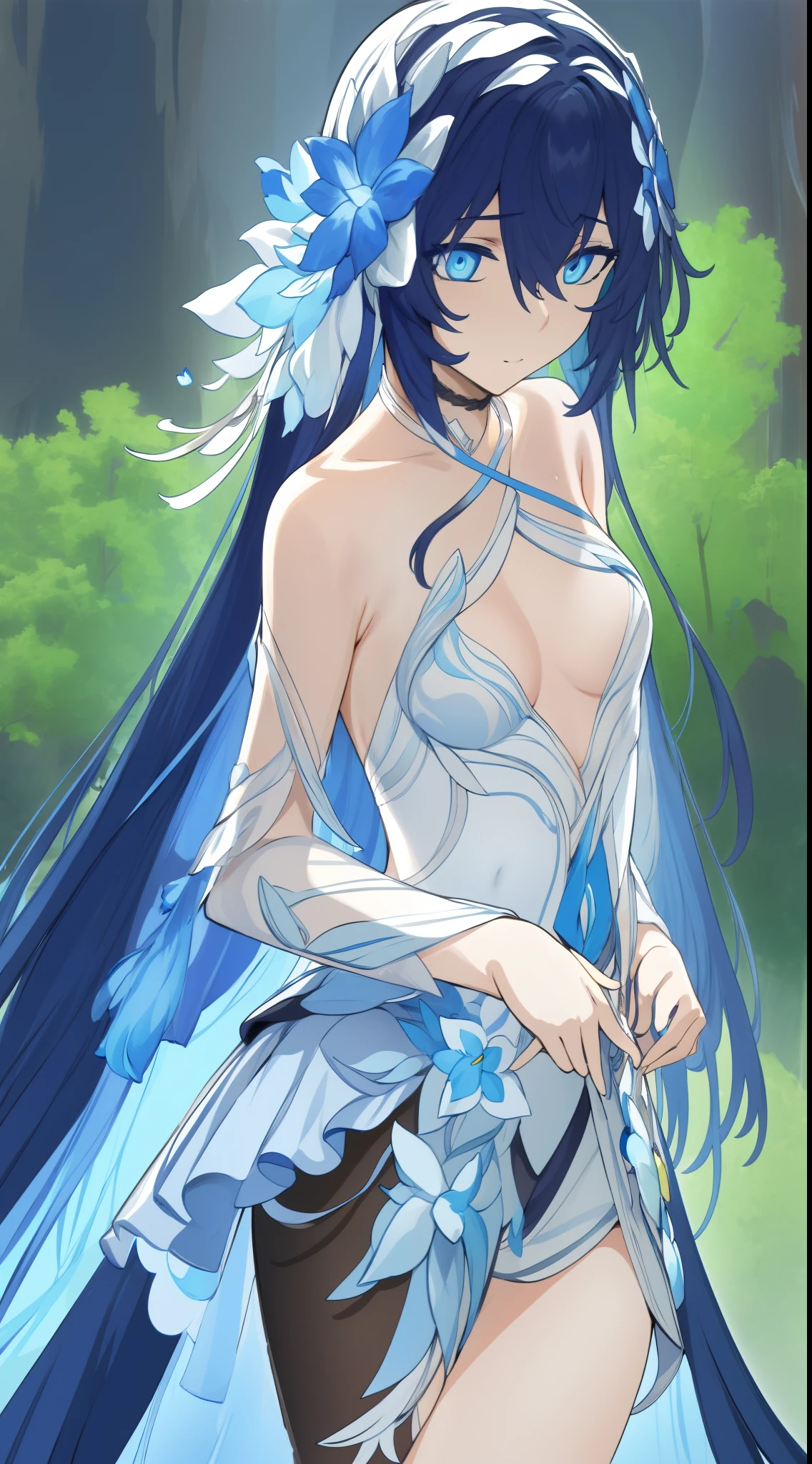 D, HD, Detailed details, Detailed landscapes, beautiful lights, Beautiful Shadows, top-quality, Highly detailed, masterpiece, best quality, ((solo)), 1girl, horb, blue eyes, dress, long hair, hews, looking at the viewer, anime-styled, (small breasts), smlie, flower background