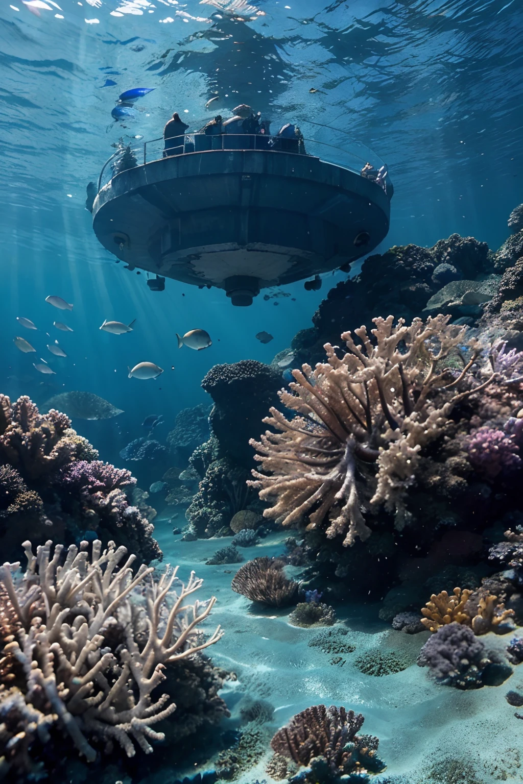 (best quality,ultra-detailed,realistic:1.37),underwater scene,diversity of marine life,colorful vibrant fish, gently swaying seaweed, lively coral reefs, vibrant coral formations, schools of fish swimming gracefully, soft light filtering through the water, abundant marine biodiversity, tranquil and serene underwater setting, crystal clear turquoise water, intricate coral structures, vibrant and contrasting colors of the marine ecosystem, vibrant blue and purple hues, shimmering reflections of sunlight, underwater paradise, mesmerizing underwater world, dynamic and bustling marine habitat.