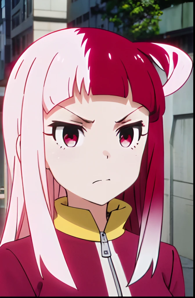 (((pixel-perfect, detail-perfect))), solo, 1girl, matome mayonaka, (white hair, pink hair, multicolored hair, two-tone hair:1.2), track jacket, looking at viewer, closed mouth, v-shaped eyebrows, street