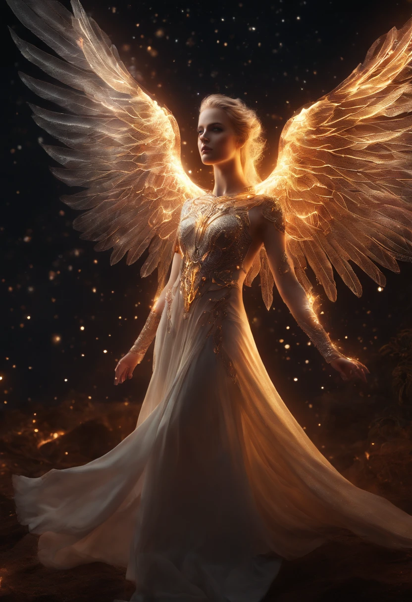 cosmic fallen angel, olhos claros brilhantes, Biomechanicals, estranho, assustador, Pesadelo, cores muito brilhantes, light particles, com luz brilhante, Mshiff, Arte do papel de parede, Papel de parede UHD