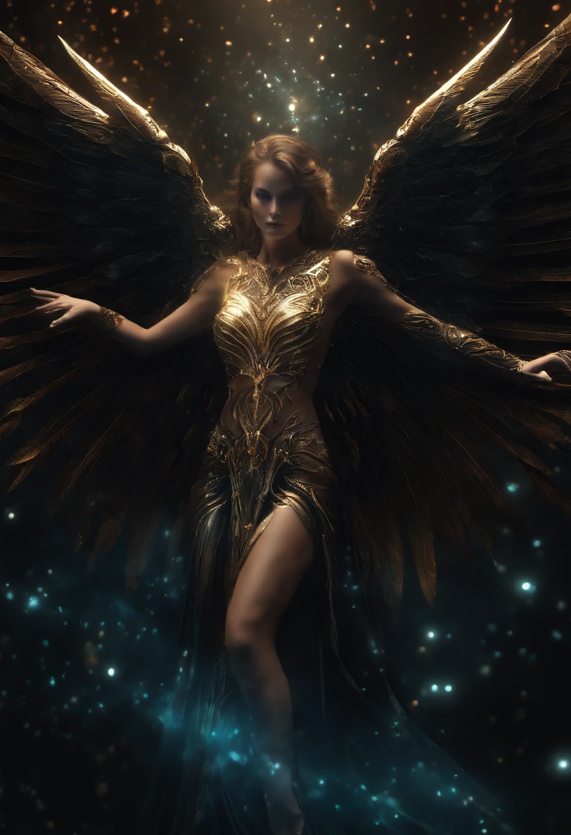 Cosmic Fallen female Angel, midriff exposed, glowing light eyes, Biomechanical, eerie, Creepy, nightmarish, Very bright colors, Light particles, with light glowing, Mshiv, wallpaper art, UHD wallpaper Cosmic Fallen Angel, glowing light eyes, Biomechanical, eerie, Creepy, nightmarish, Very bright colors, Light particles, with light glowing, Mshiff, wallpaper art, UHD wallpaper cosmic fallen angel, olhos claros brilhantes, Biomechanicals, estranho, assustador, Pesadelo, cores muito brilhantes, light particles, com luz brilhante, Mshiff, Arte do papel de parede, Papel de parede UHD