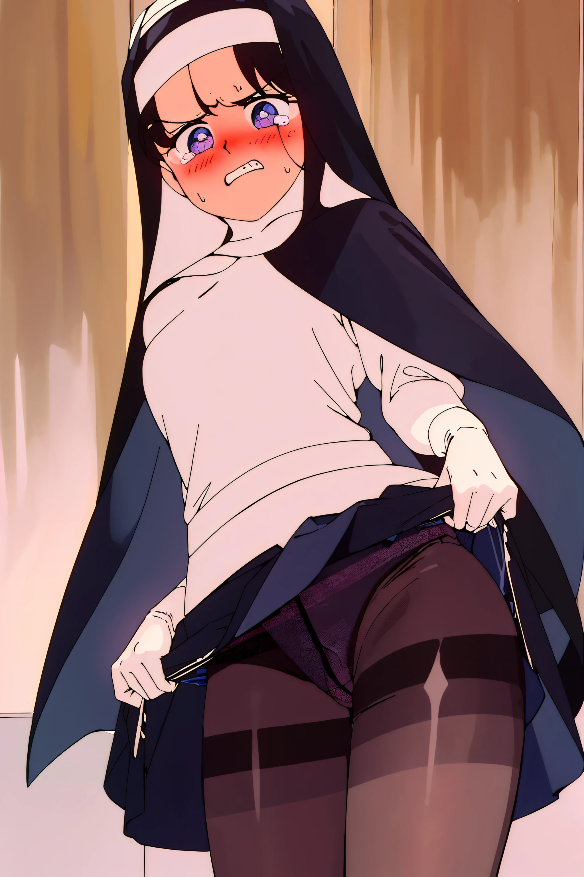 top-quality、masterpiece、one girls、(((nun))), 城市、(((cowboy shot))), (((Blushing、weeping))), (((Clenching teeth))), (((Skirt lift))), (((Panties))), (((panties under pantyhose))),