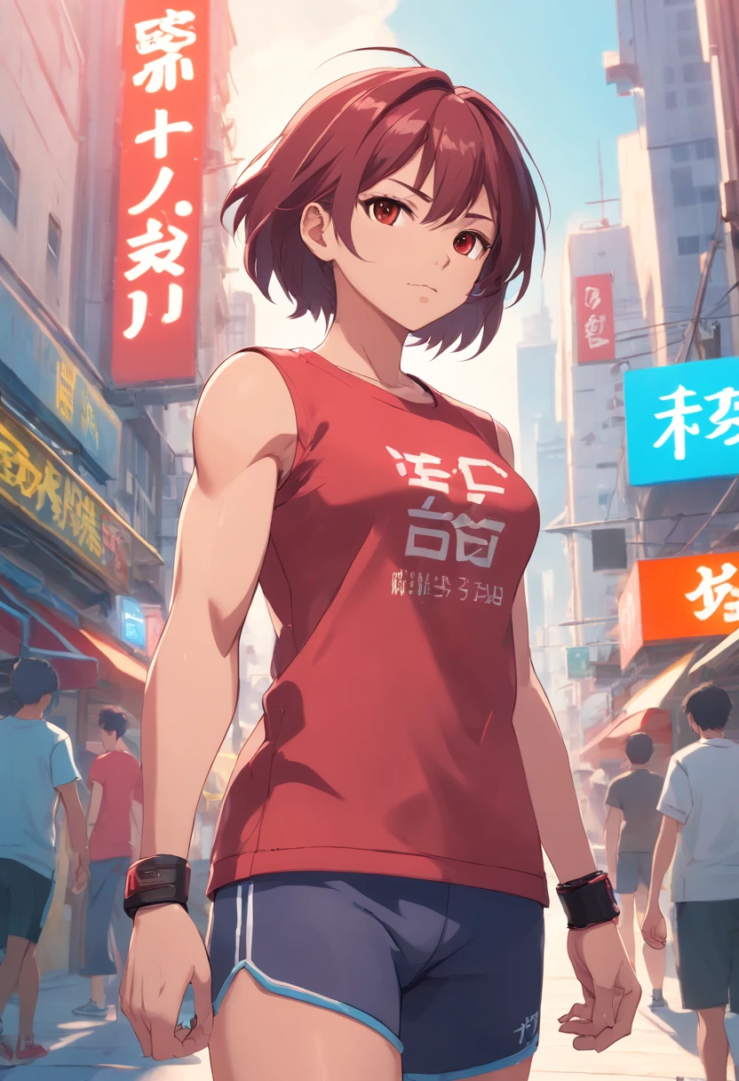 ((foto crua)), ((obra-prima)), Anthropomorphic humanoid pitbull wearing red t-shirt (((roupas de streetwear))), caminhando furiosamente entre as pessoas, detalhe intrincado,sorridente, intricate Greebles pieces, city behind, corpo musculoso, (((large muscles))), muscular arms, (small head), Ogro monstruoso, Titan soft lighting, Hiper realista, soft-lighting, Ambiente sinistro
