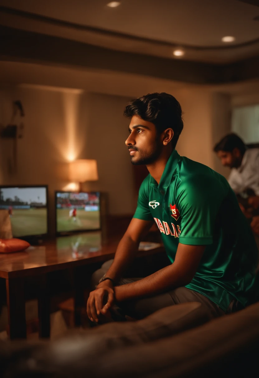 A 20 years old boy is watching Bangladesh cricket match on TV. The boy's name is Abir and jersey number 10 is written on the jersey.His girlfriend kiss him. realistic 8k image