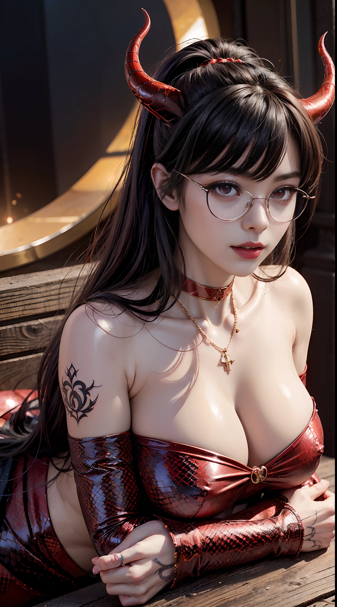 Fine、(The best illustrations)、8k UHD resolution、intricate-detail、top-quality、realisitic、ultra-detailliert、The best lighting、Best Shadows、Soft lighting、Ulutra HD、1 beautiful devil woman from hell, surreal female portraits by David Hockney and Alphonse Mucha, Portrait of a seductive woman、Fantasy Art, Chinese Doll、Dungeon、The dragon、Devil's Palace、Devil's Torture Chamber、magia、 Evil Nun、Dark Necromancer、natta、Dark style、Succubus、Devil's Daughter、Umi Shinonome、Bat Wings,(((Demon Horns)))、((((black-rimmed round glasses))))、(((Colossal tits)))、(Devil's Tail)、(red eyes glowing:1.6)、 intricate tattoos, demonic intricate tattoos, thigh tattoos, body tattoos, masterpiece、beautiful countenance、a 、Muscular seductive body、The enchanting body of the devil、Chinese actress、Seductive Black Magic Costume、(((A shiny red snake is wrapped around her body)))、Tindall Effect、photos realistic、(High Detail Skins:1.2)、 (Intricate details, makeup, pureerosface_v1:0.5), (Detailed beautiful delicate face, Detailed beautiful delicate eyes, A perfectly proportioned face, High detailed skin, Detailed skin, best ratio four finger and one thumb, arms below breasts, Tattoo with a red glow under the stomach、Awesome awesome, wide hips, smooth midriff, skiny and thin, __Fashion__, __hair__:1.25)、Digital SLR、hightquality、a picture、hight resolution、 absurderes、Ponytail distortion、女の子1人、Red sparkling gemstone necklace、jewely、Beautiful expression、Body Up、Large breasts emphasis、Toned waist、Wide buttocks、Devil's Tail、intricate tattoos, demonic intricate tattoos, thigh tattoos, body tattoos, effect、Photorealsitic、(High Detail Skins:1.2)、In the Dark, lowkey, cowboy lens, (red phoenix dress: 1.0), Seductive Black Magic Costume、Long hair, Black hair, Bust, Devil's Palace, devil crown, red eyes make up very sharp and detailed, The most beautiful face, Super tight breasts, Breast augmentation surgery, The breasts are very big and round and round, Black magic costume、Super realistic , Charming smile,a baby face、 The eyes