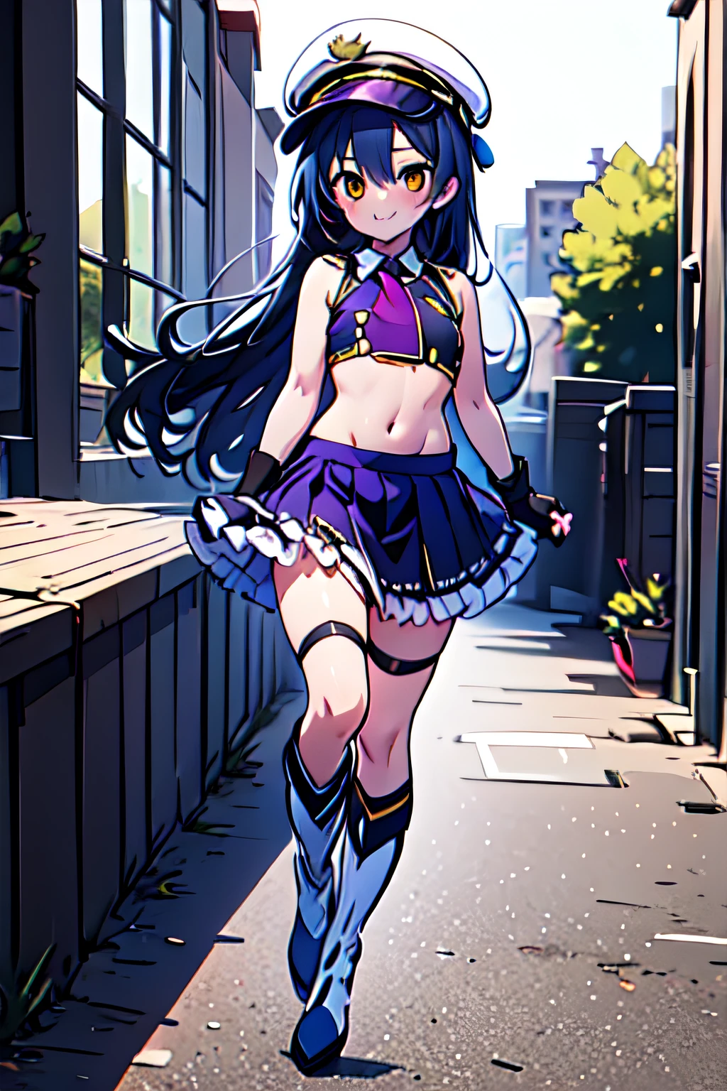 kpruna, long hair, sleeveless cropped shirt, midriff, bare shoulders, frilled skirt, peaked cap, fingerless gloves, thighhighs, knee boots, 1girl, solo, facing viewer, looking at viewer, upper body, smile.