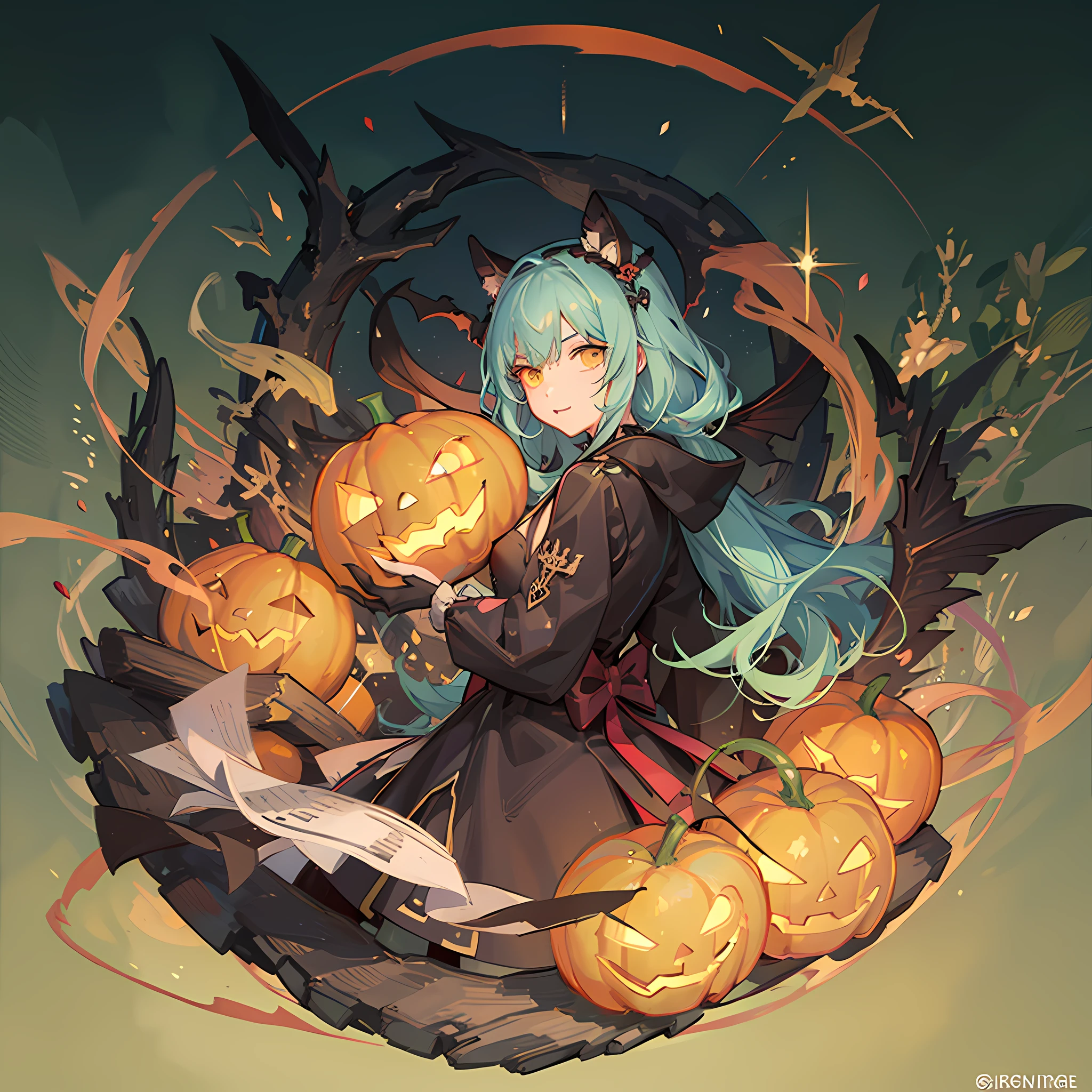 masterpiece, best quality, 2D,
1girl, chibi, green hair, yellow eyes, detailed beautiful face and eyes,
halloween, jack-o'-lantern,
ultra detailed, highres, super fine illustration, 8k, anime screencap,