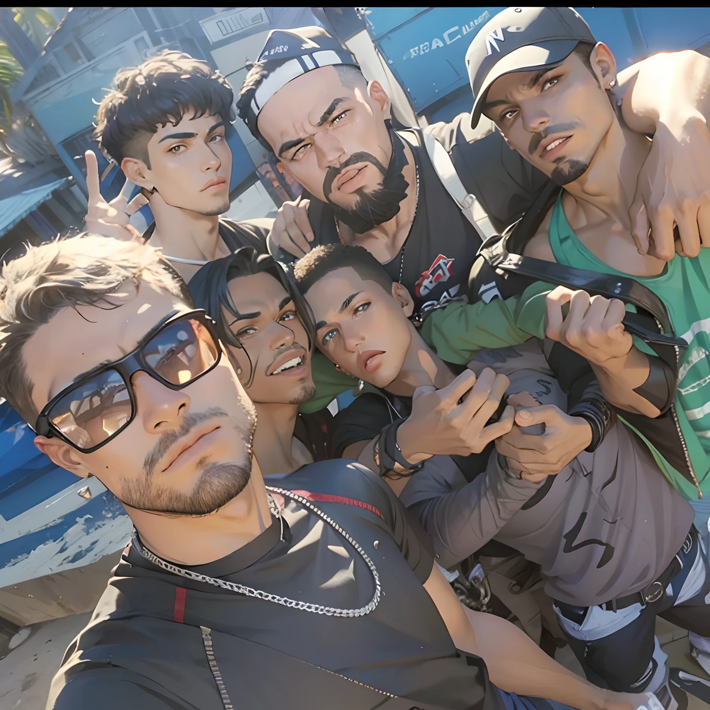 Retrate os 6 homens na foto como gangsters, Cartoon, 2k, roupas de gangsters, trocar fundo da imagem por paisagem do inferno