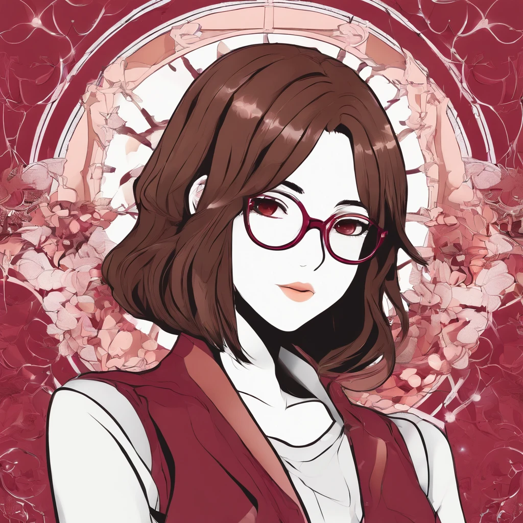 Girl with shoulder-length brown hair and brown eyes and burgundy glasses