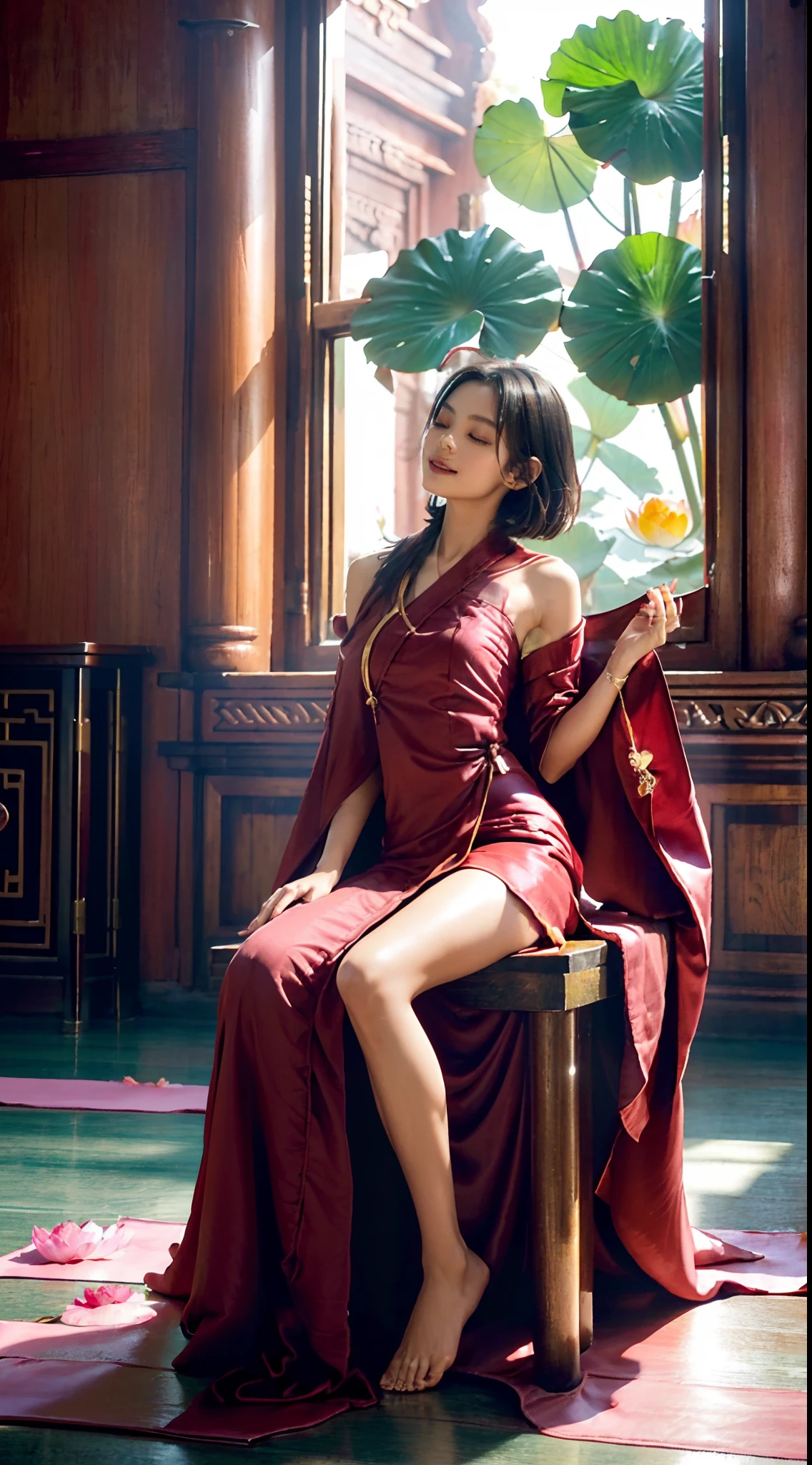 (Small underboob,Tomboyish,small heads)), (perfect bodies: 1.1), (shoulder length straight short black hair: 1.1),极其细致的CG 8k壁纸），（Extremely refined and beautiful），（masterpiece），（best qualtiy：1.0），（超高分辨率：1.0）,upper body，[A high resolution],a beautiful girl,cheerfulness，smile,(Smooth and flawless fair skin:1.5),(shiny skin:1.5),ultra - detailed ，Elongated legs,collar,Slim,thin,(Maxi red monk's robe that can completely cover the body:1.5),(Temple Hall background:1.4),Close shot，midday sunlight,(upright yoga lotus Sitting:1.5),(sitting on a A large pink lotus putuan:1.5),(close eyes:1.3),(female orgasmic:1.3), (blush:1.3),(put palms together devoutly:1.3),meditating,from front,(cowboy shot:1.5)