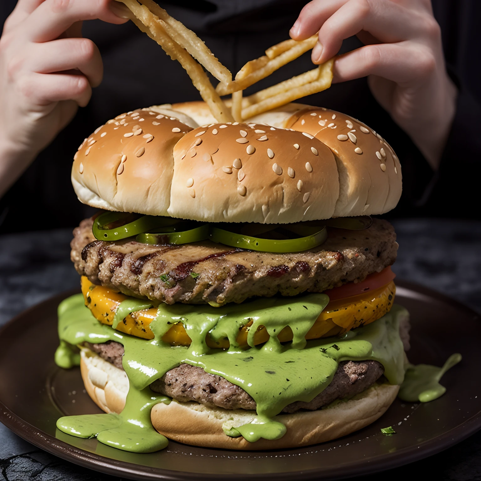 araffe burger with cheese and lettuce and fries on a plate, big juicy burger, burger on a plate, deathburger, hamburger monster, tentacles wrapped around burgers, burger with human mouth, burger, burger with a mouth, foodporn, burger with human eyes, masterpiece work of art, professional food photography, amazing food photography, serving burgers