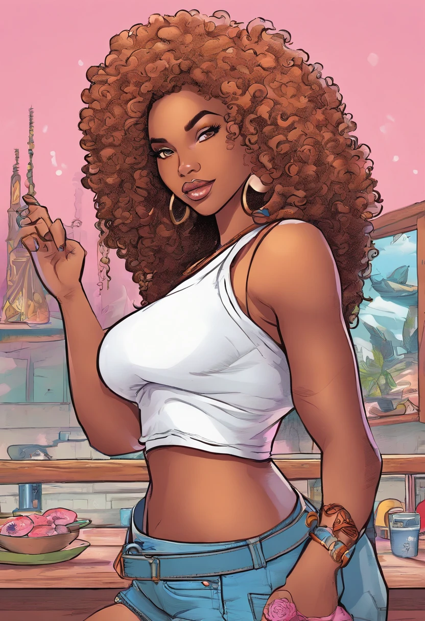 there is a woman with long hair standing in a parking lot, 30-year-old woman from cuba, sza, gorgeous woman that looks likedoja cat, long curly hair, ☁🌪🌙👩🏾, she is wearing a black tank top underneath an off shoulder beige sweater , black hair, black long curly hair, young black woman, milf, voluptuous body, thick thighs, ???????????