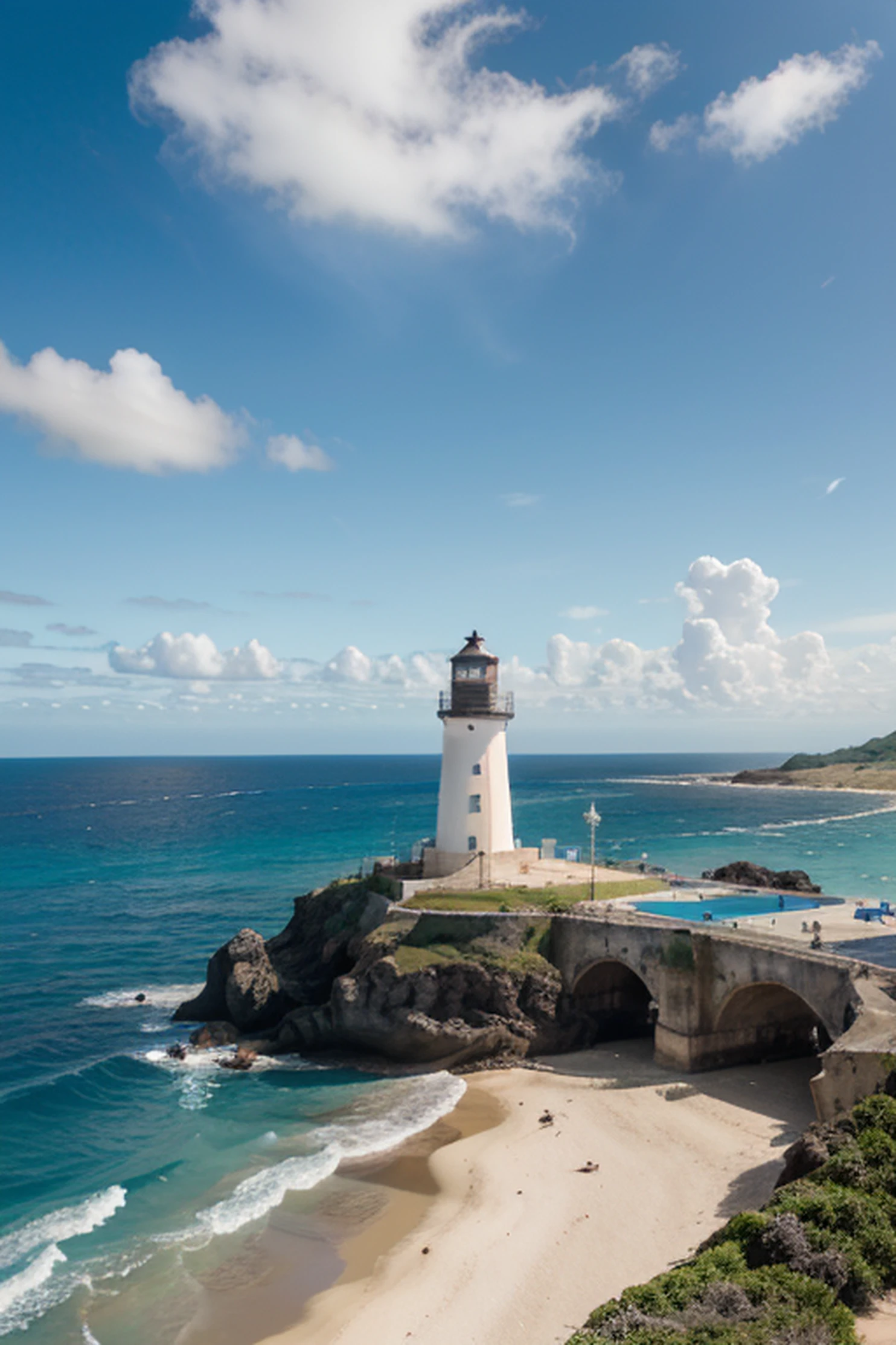 Crea una impresionante vista de una isla rodeada de acantilados, con un mar azul cristalino, un cielo despejado y una extensa playa de arena fina. A majestic lighthouse stands out at the top of the island.