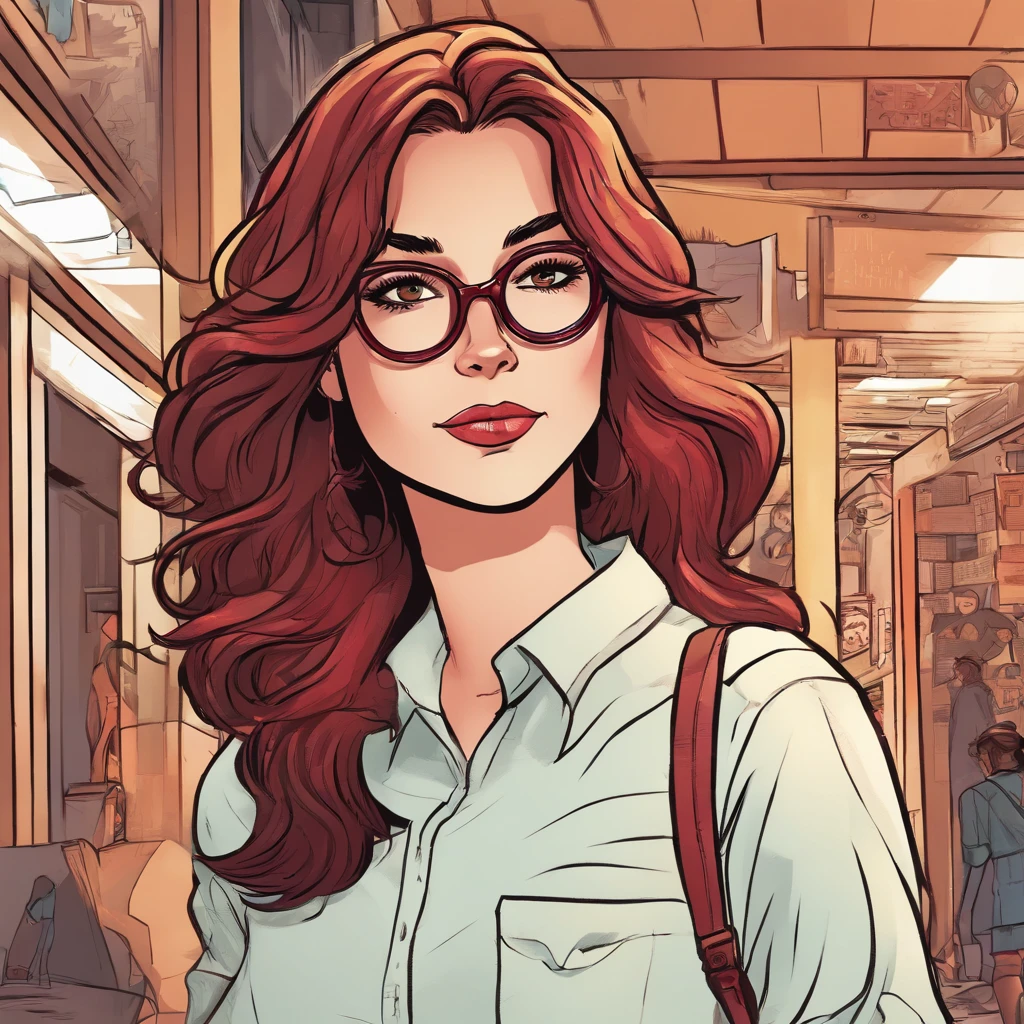 Girl with shoulder-length brown hair and brown eyes and burgundy glasses