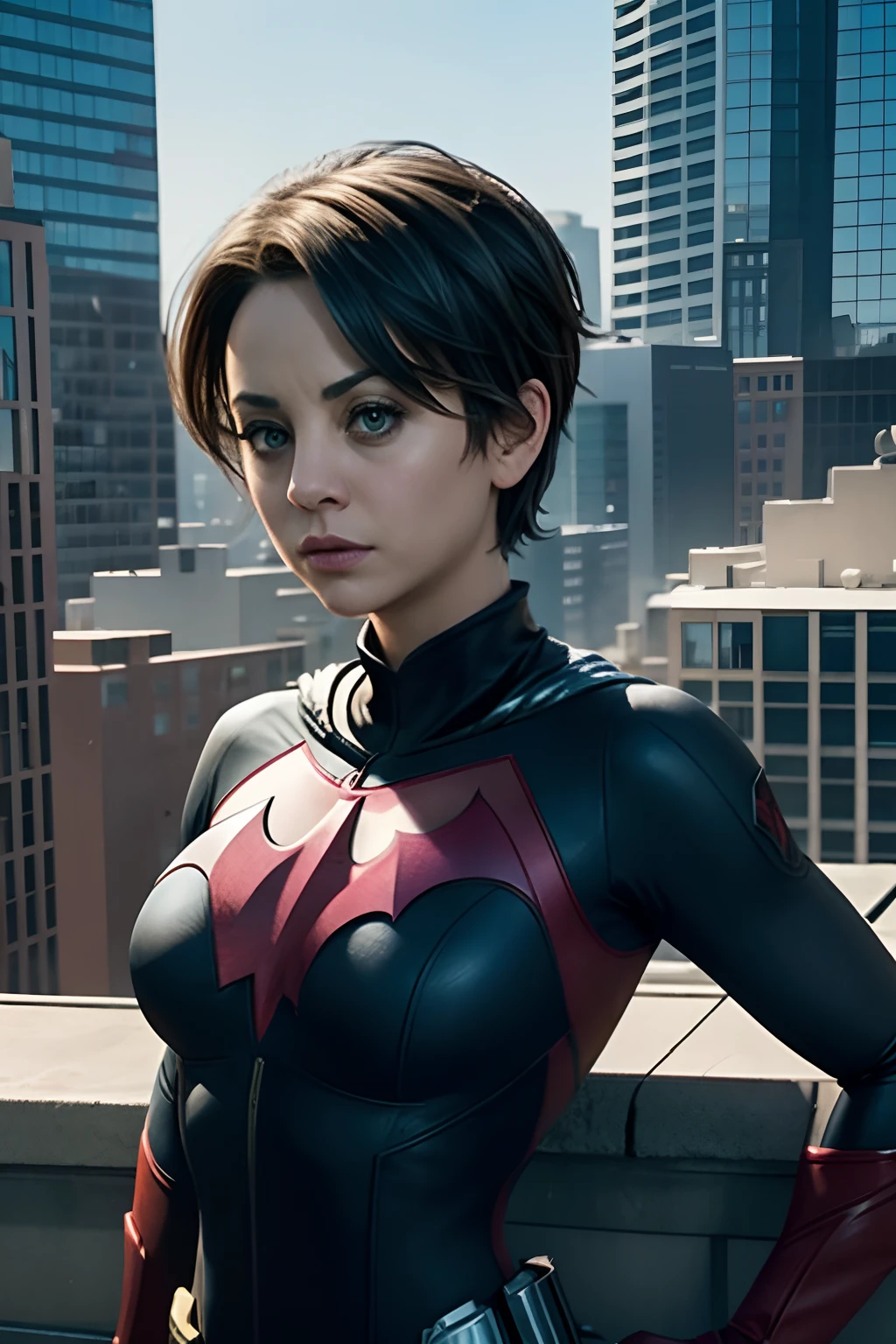 Kaley Cuoco as Batwoman, short pixie hair, in roof of building