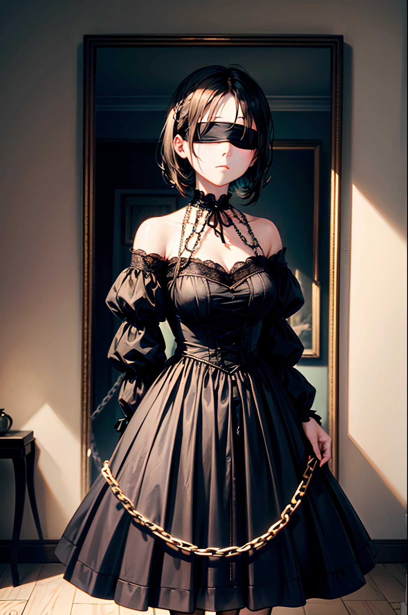 masterpiece、top-quality、Silent Hill 4、Girl in Victorian black dress、blindfolds、A dark-haired、Strewn hair on the floor、Intersecting chains、Broken mirror、creepy atmosphera、Spiritual silence、Paintings of Hammershoi、Film noir、Meaningless symbolism