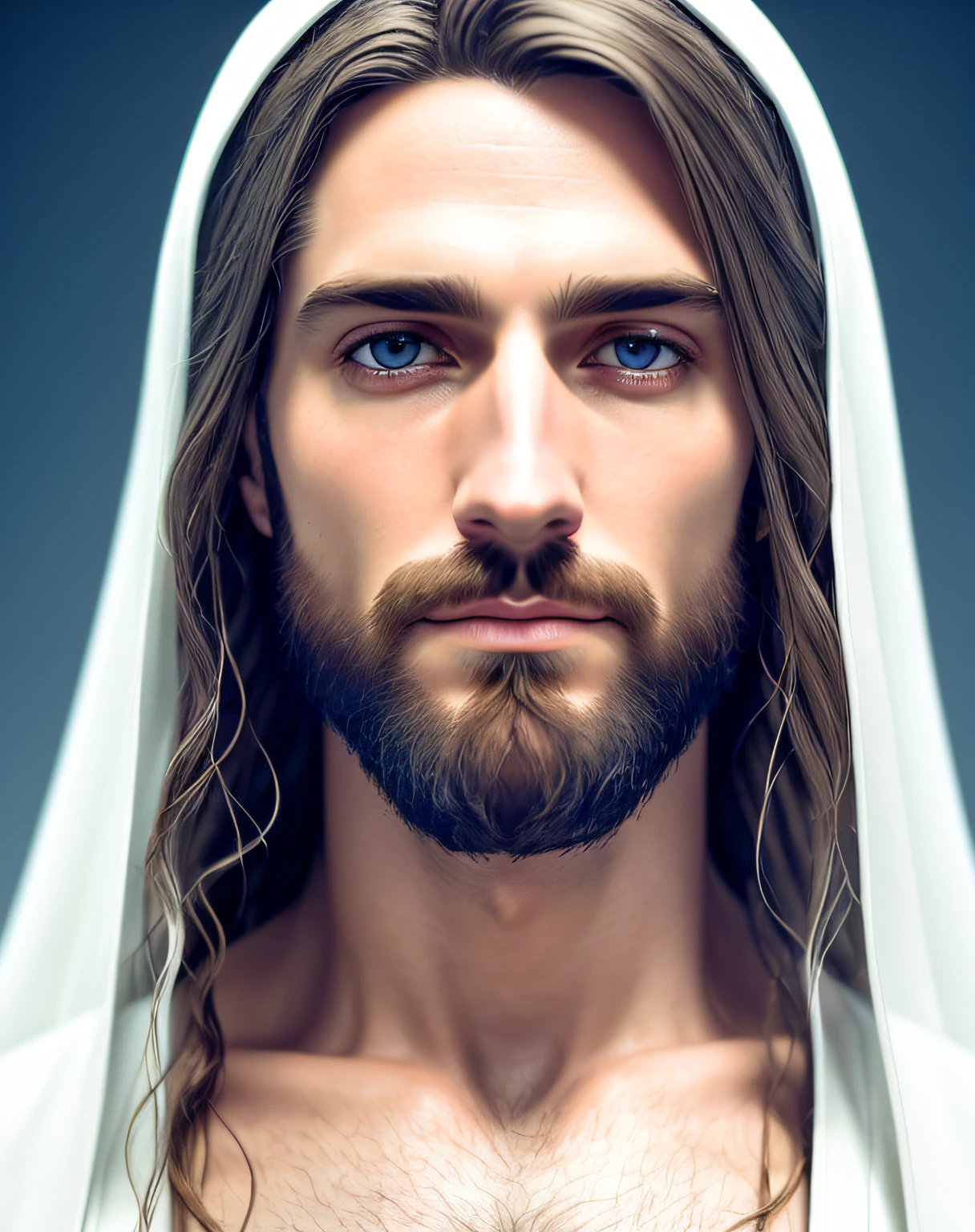 (symmetry),centered,a ((close)) up portrait,(Jesus),a very thin white man with long hair and a beard,wearing a long white robe,35mm,natural skin,clothes  detail, 8k texture, 8k, insane details, intricate details, hyperdetailedhighly detailed,realistic,soft cinematic light,HDR,sharp focus, ((((cinematic look)))),intricate, elegant, highly detailed